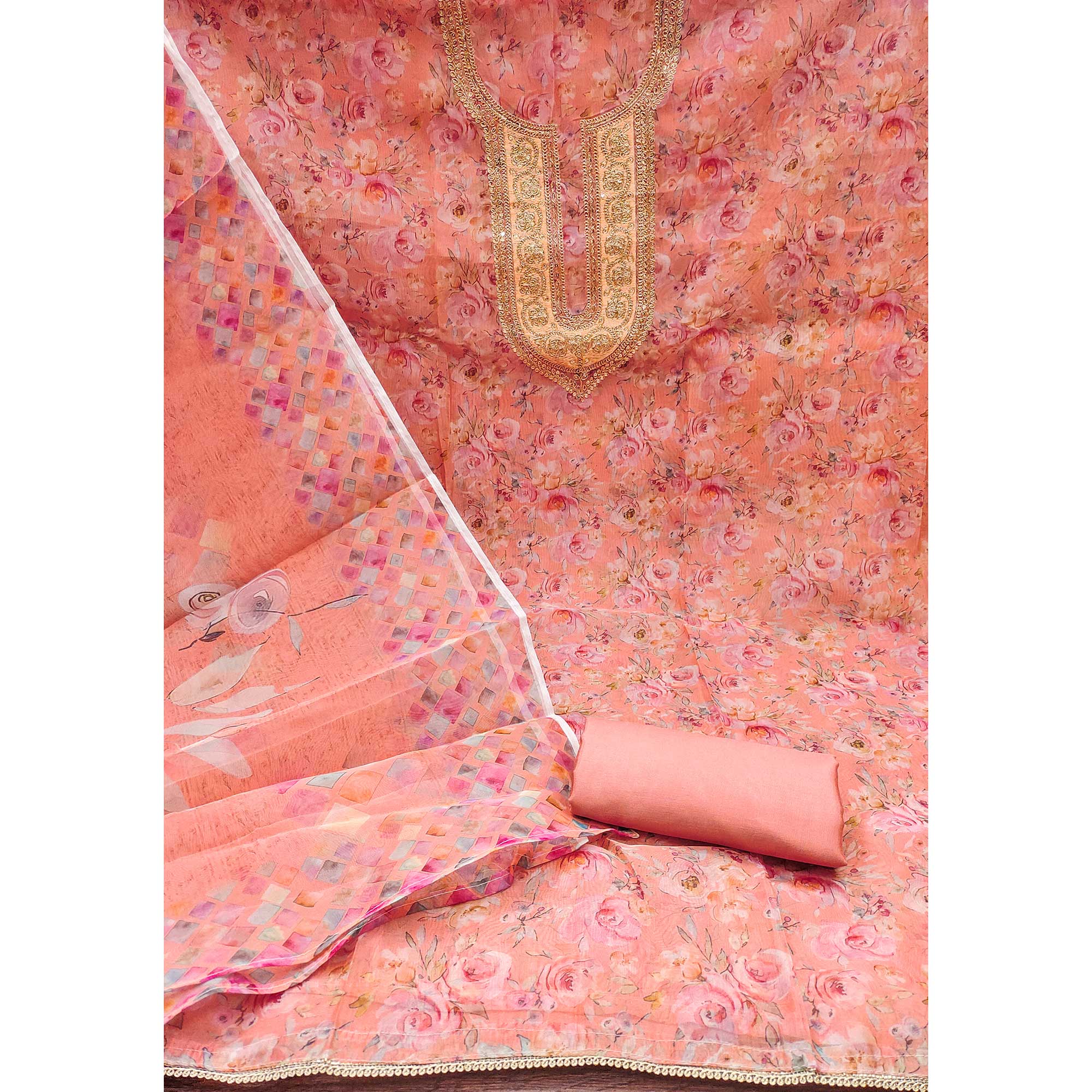 Peach Floral Printed Organza Dress Material
