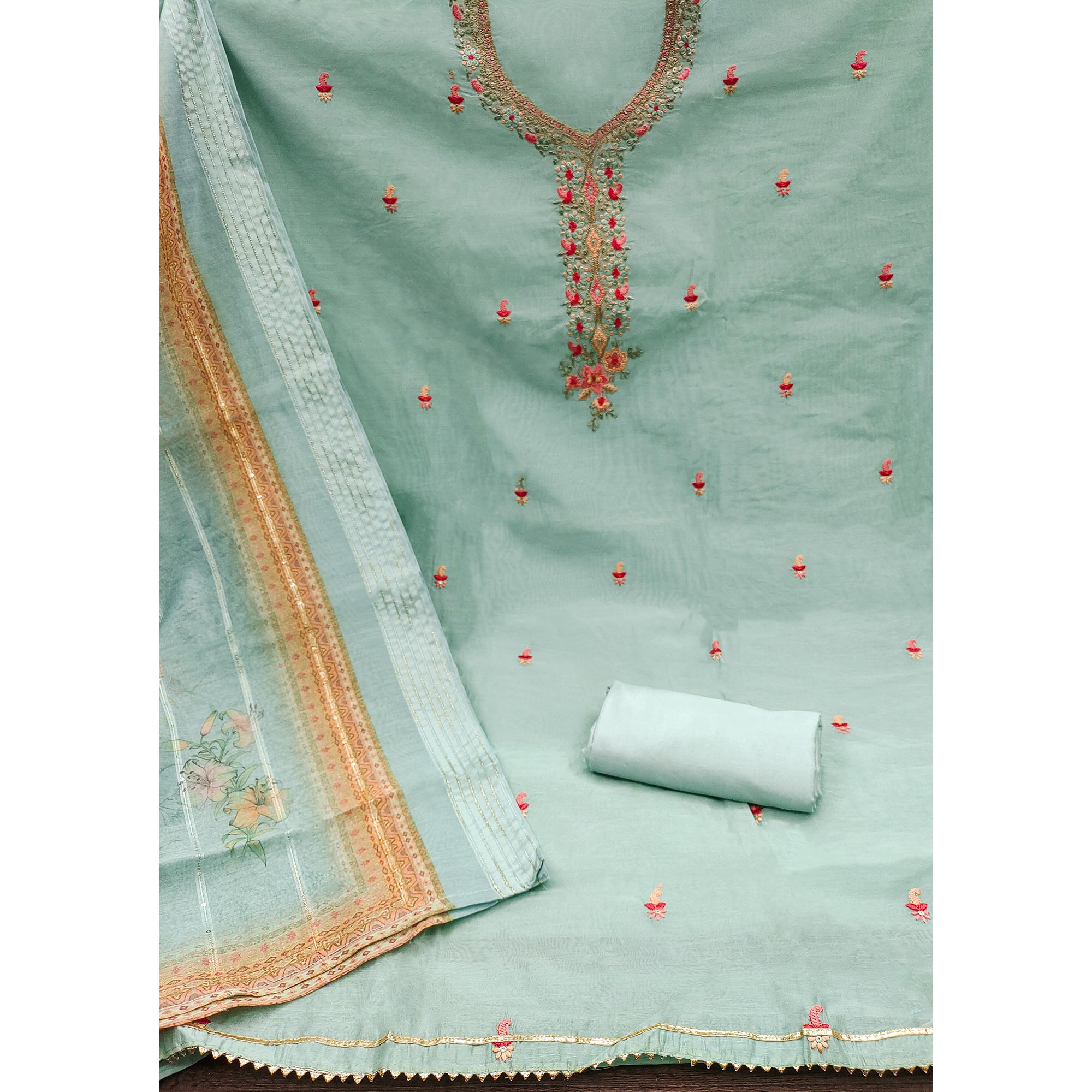 Sea Green Floral Embroidered Chanderi Dress Material