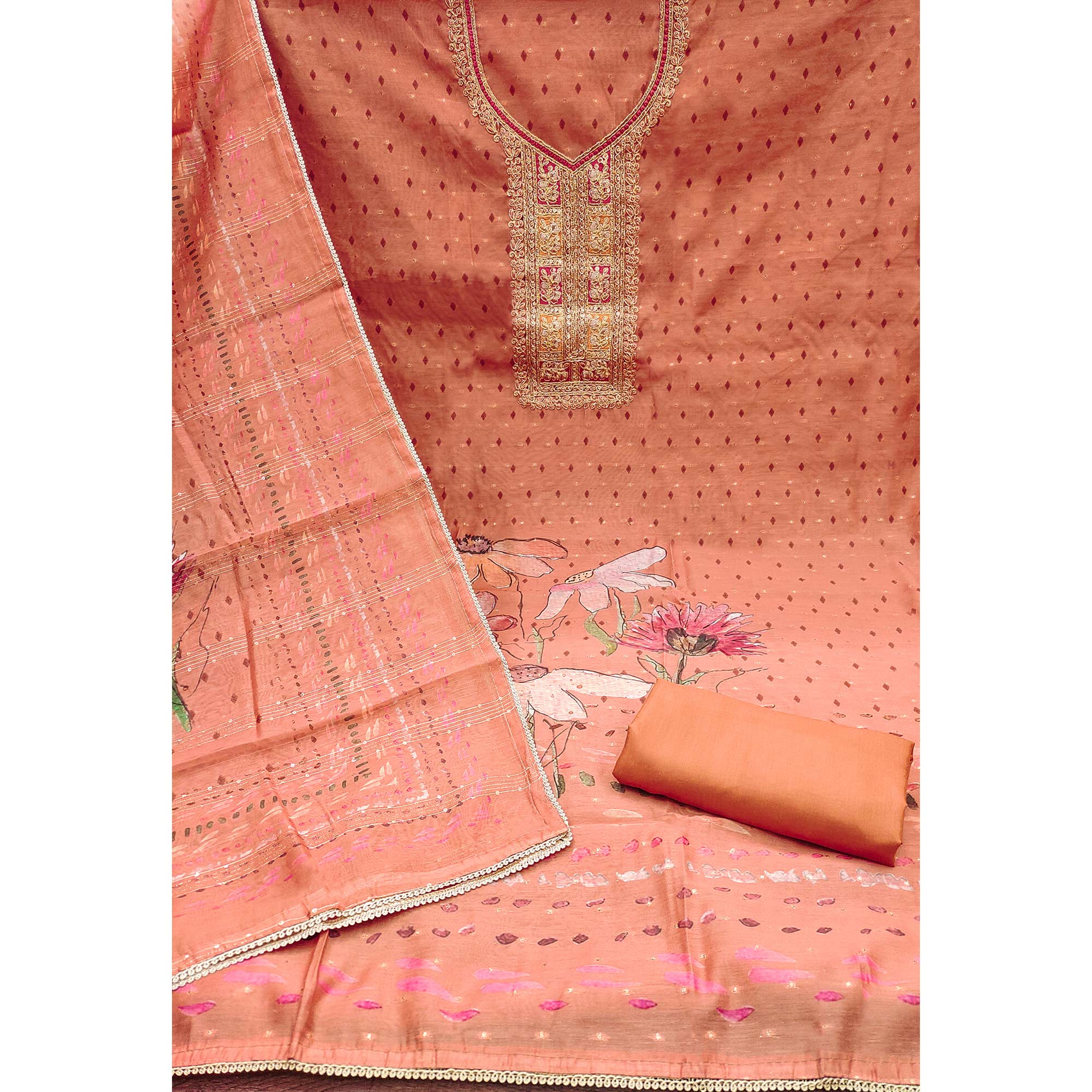 Peach Floral Printed With Embroidered Chanderi Dress Material