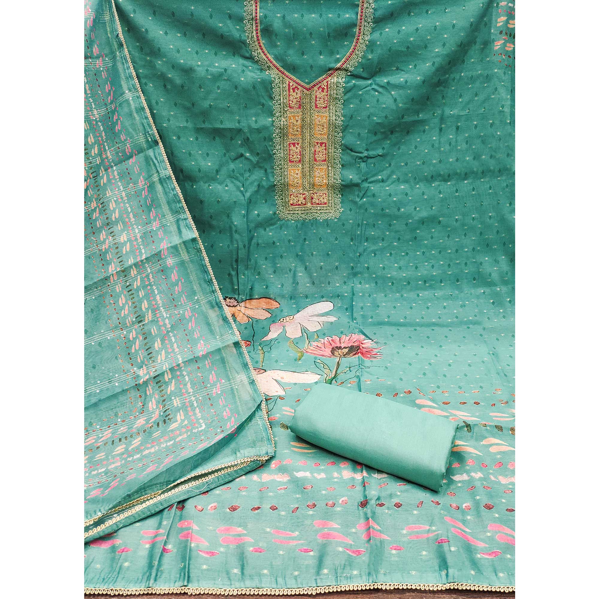 Turquoise Floral Printed With Embroidered Chanderi Dress Material
