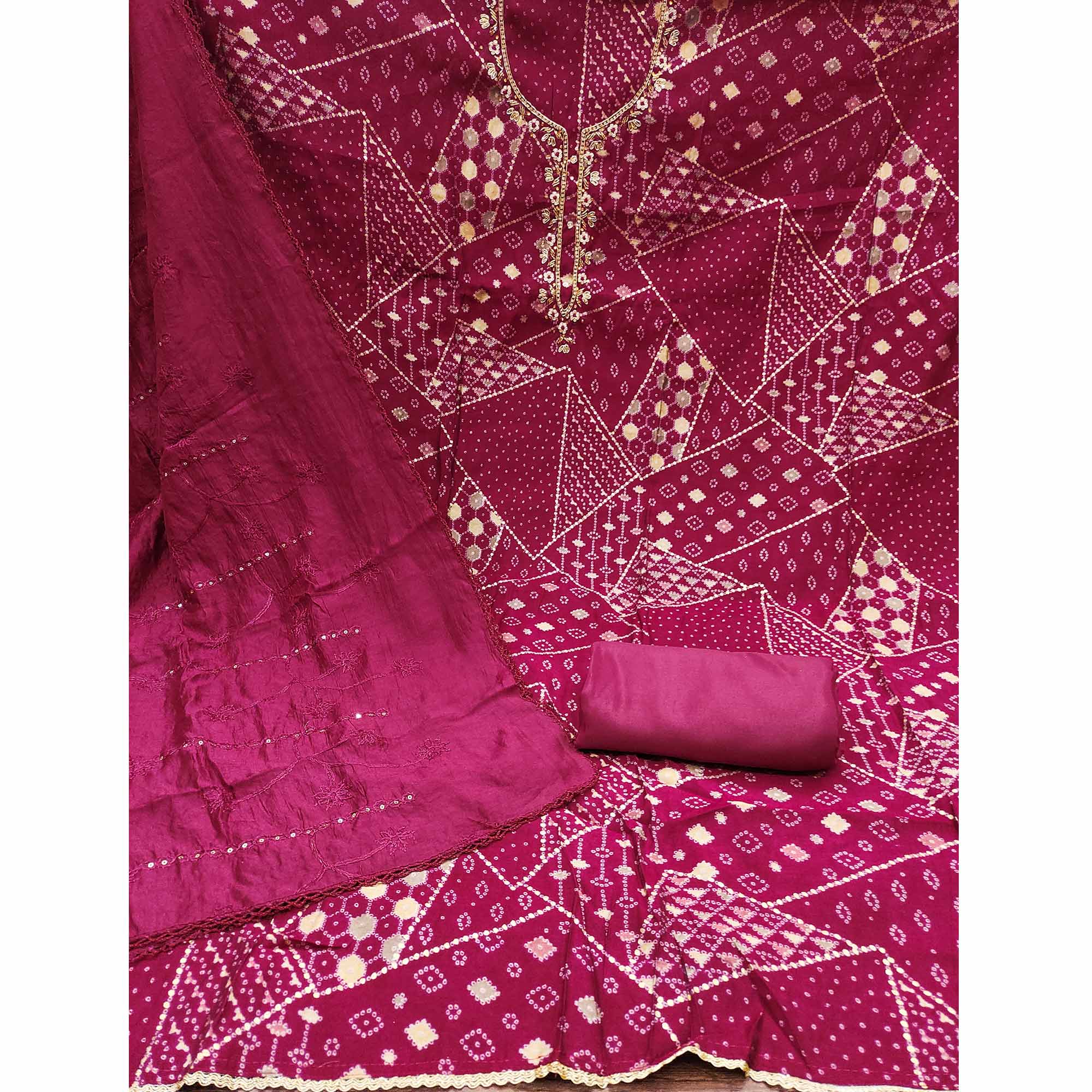 Pink Foil Printed With Handwork Embroidered Pure Cotton Dress Material