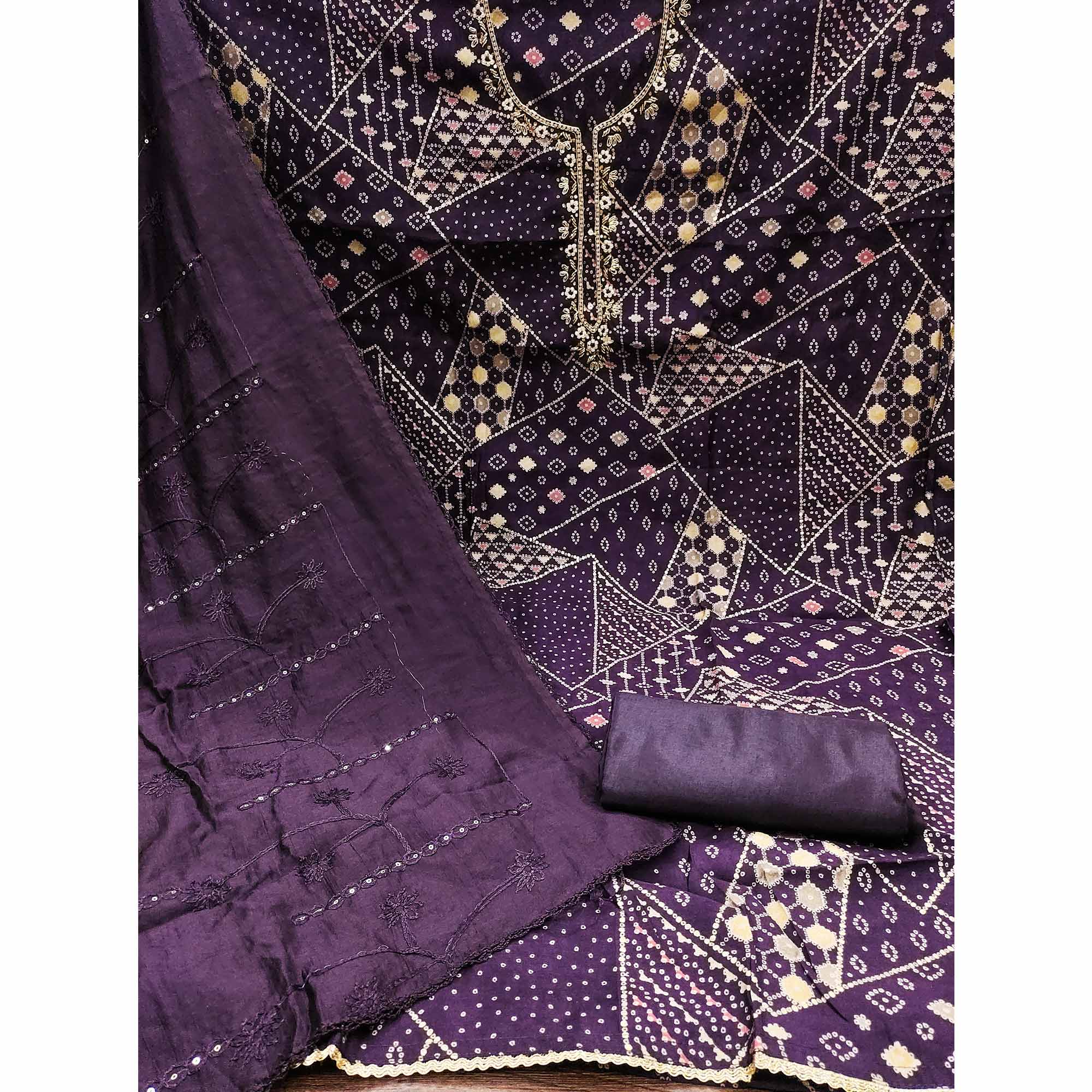Purple Foil Printed With Handwork Embroidered Pure Cotton Dress Material