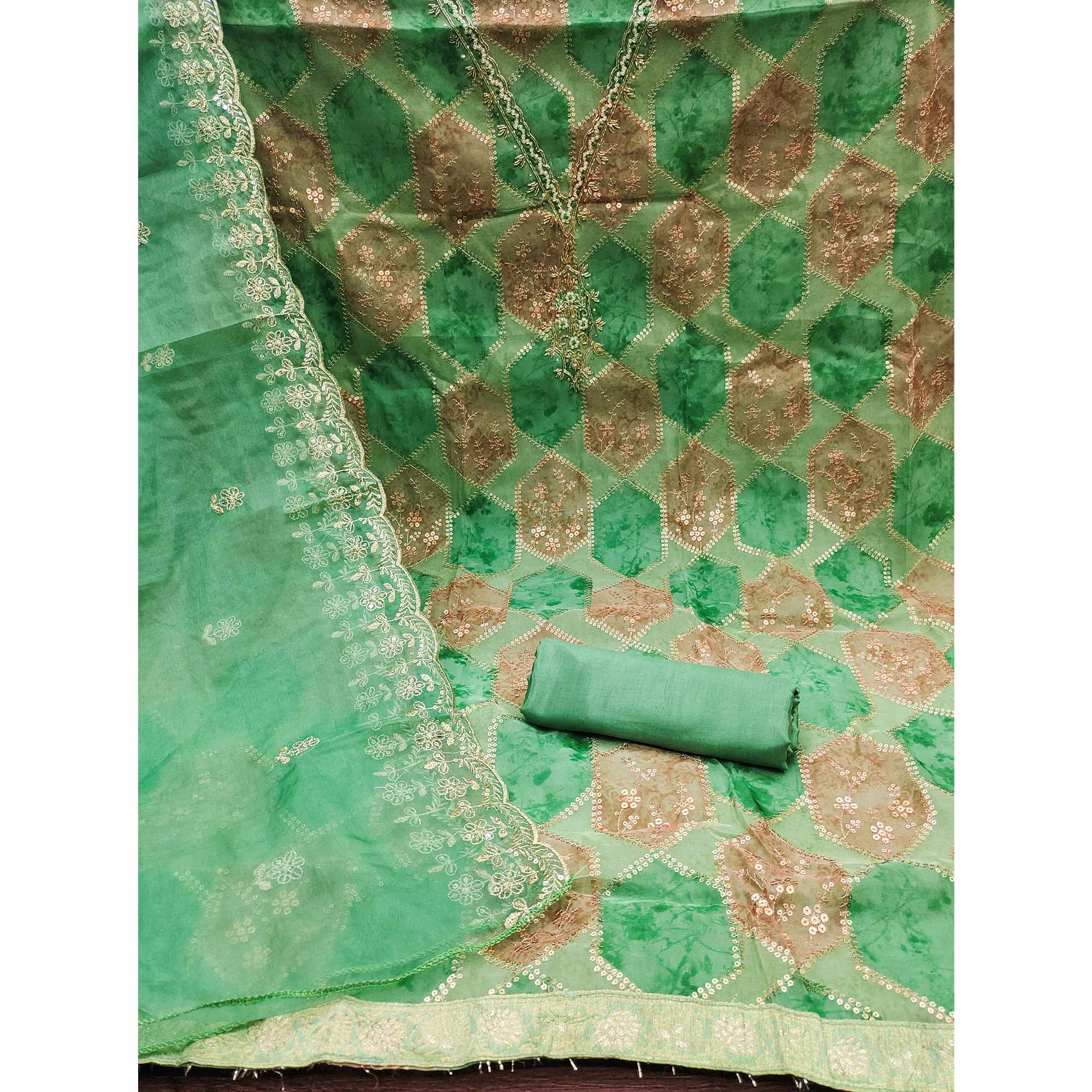 Green Floral Sequins Embroidered Organza Dress Material