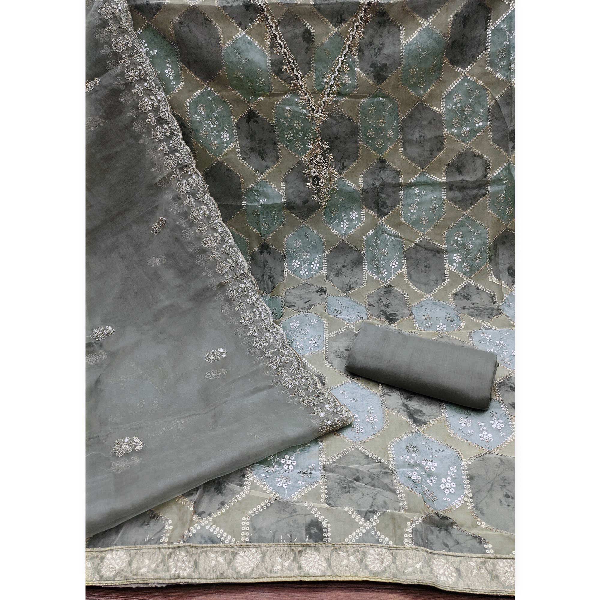 Grey Floral Sequins Embroidered Organza Dress Material