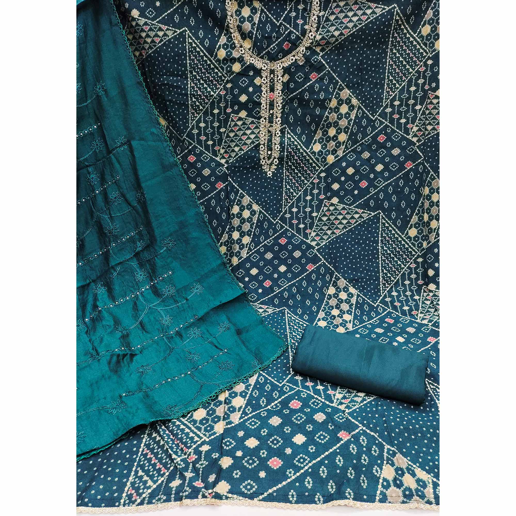 Morpich Floral Embroidery With Foil Printed Pure Cotton Dress Material