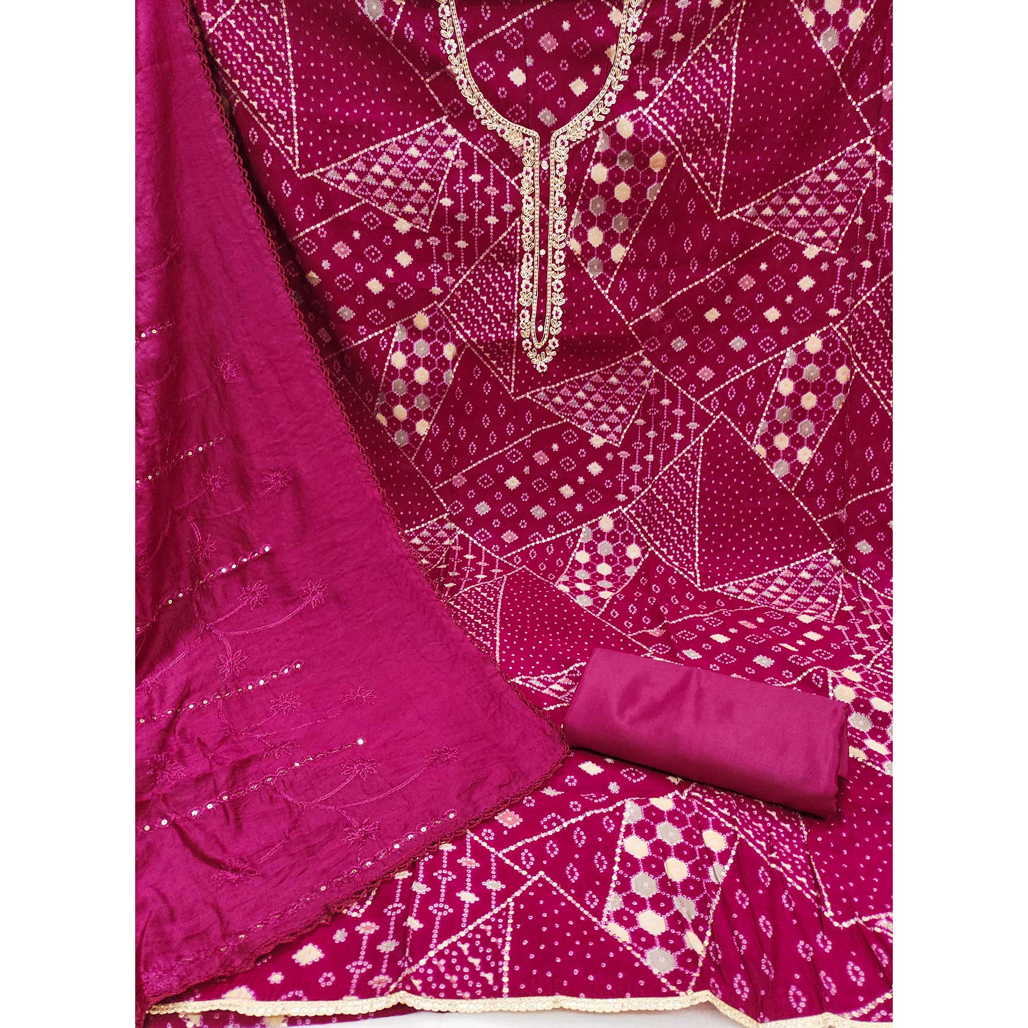 Pink Floral Embroidery With Foil Printed Pure Cotton Dress Material