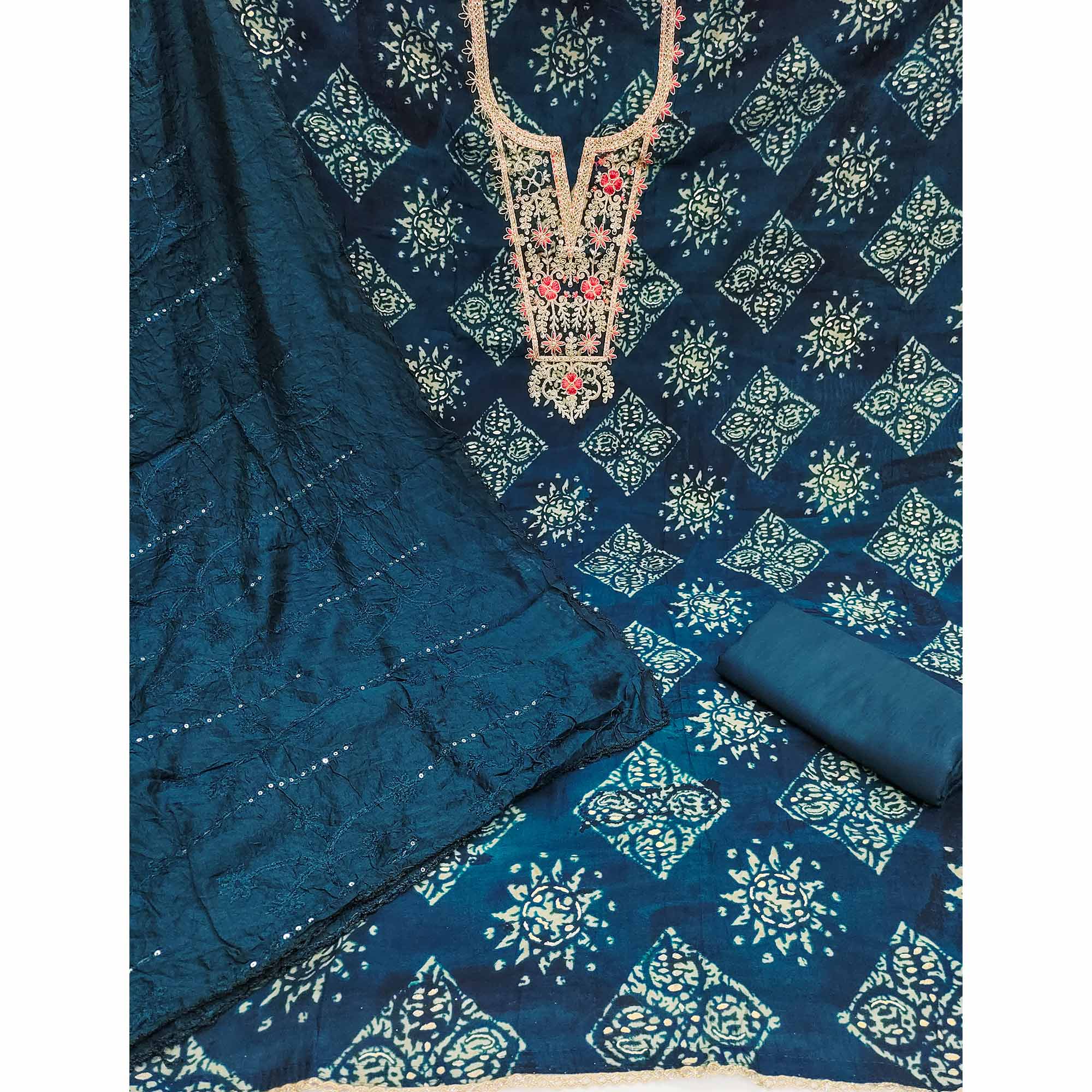 Morpich Printed With Embroidery Cotton Silk Dress Material