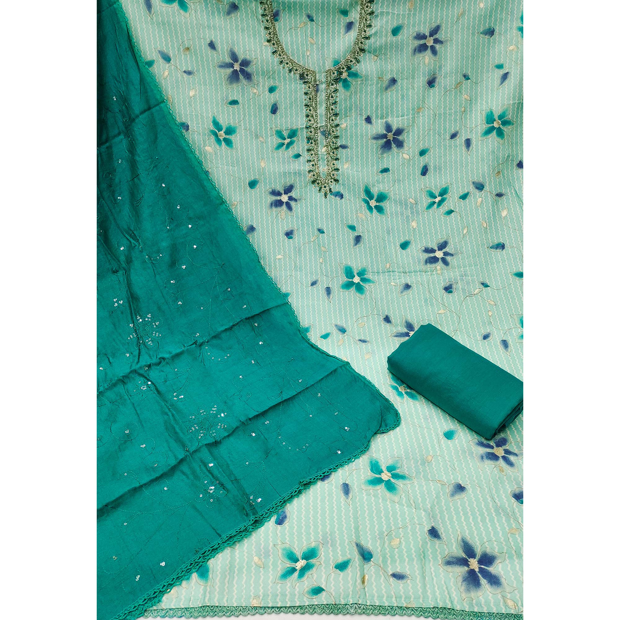 Turquoise Floral Printed Cotton Silk Dress Material