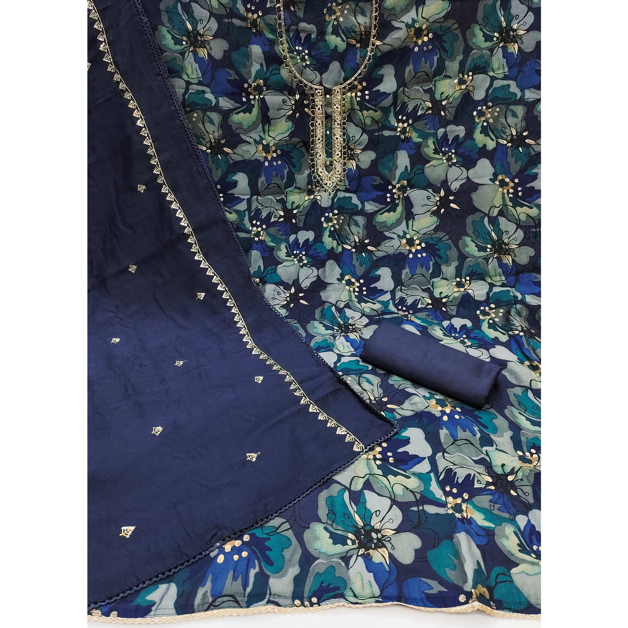 Blue Floral Printed Cotton Silk Dress Material