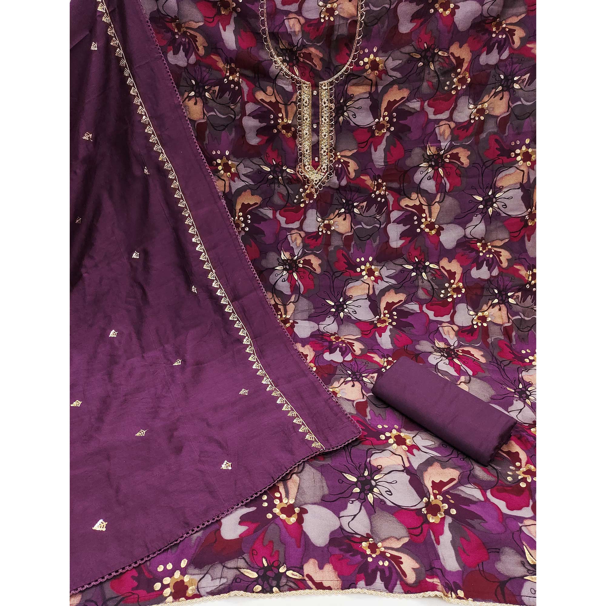 Purple Floral Printed Cotton Silk Dress Material