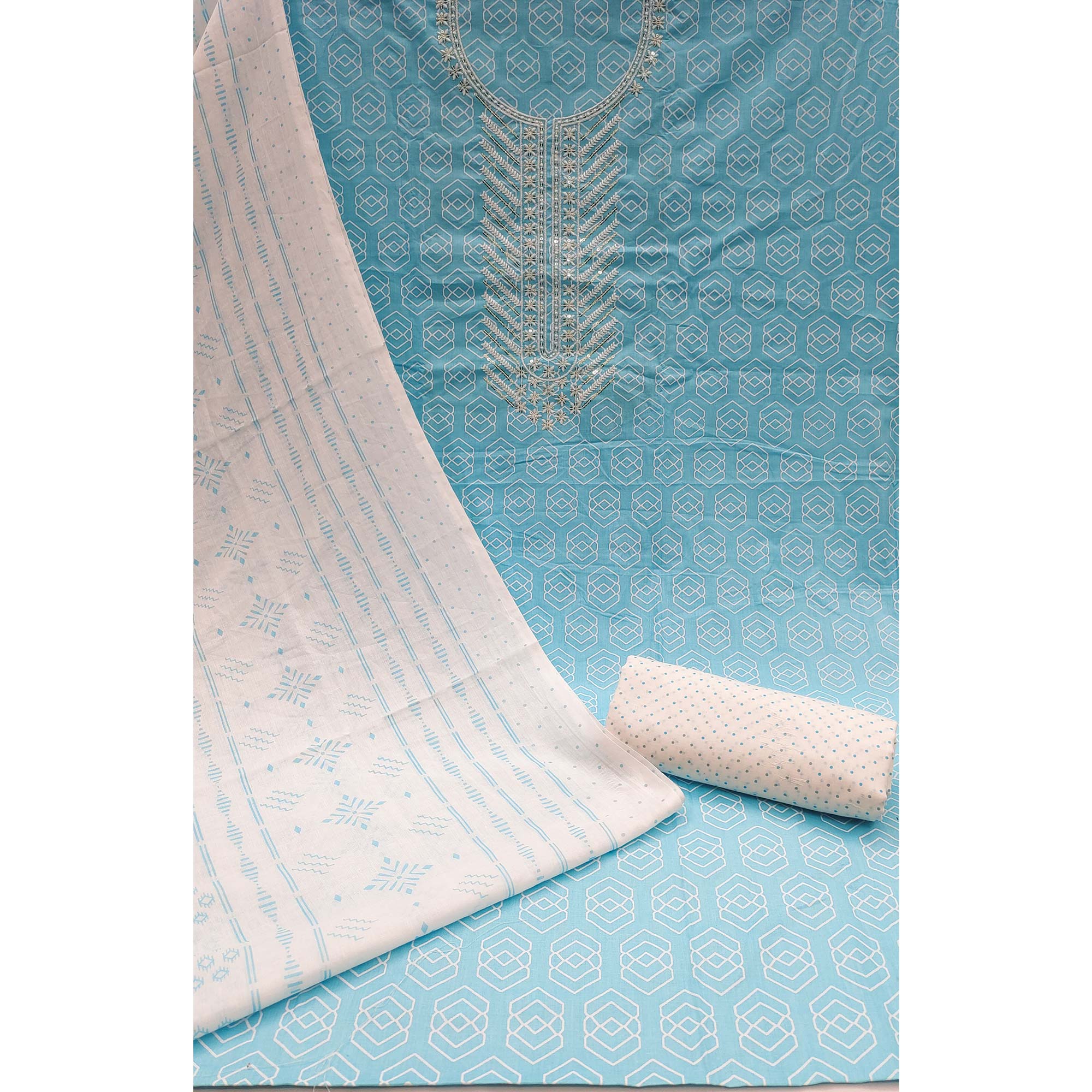 Blue Printed With Yoke Embroidered Pure Cotton Dress Material
