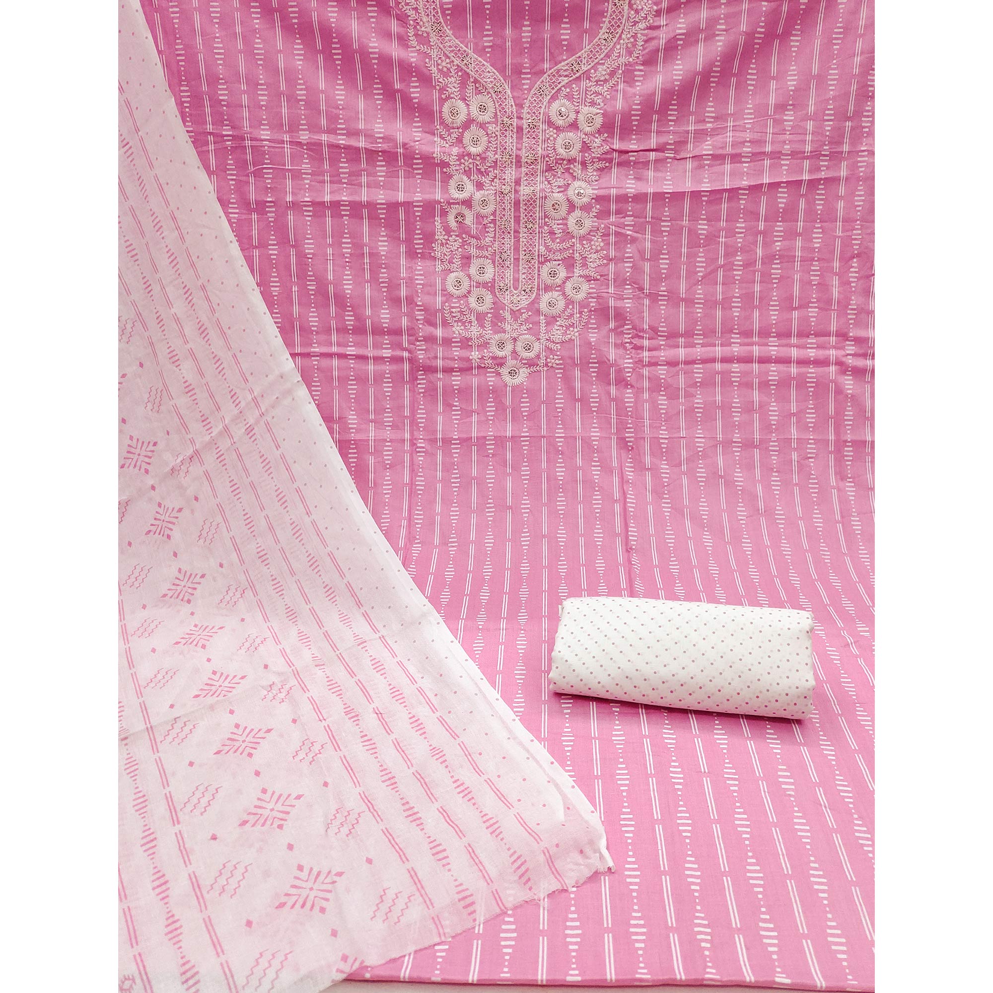 Pink Printed With Yoke Embroidered Pure Cotton Dress Material