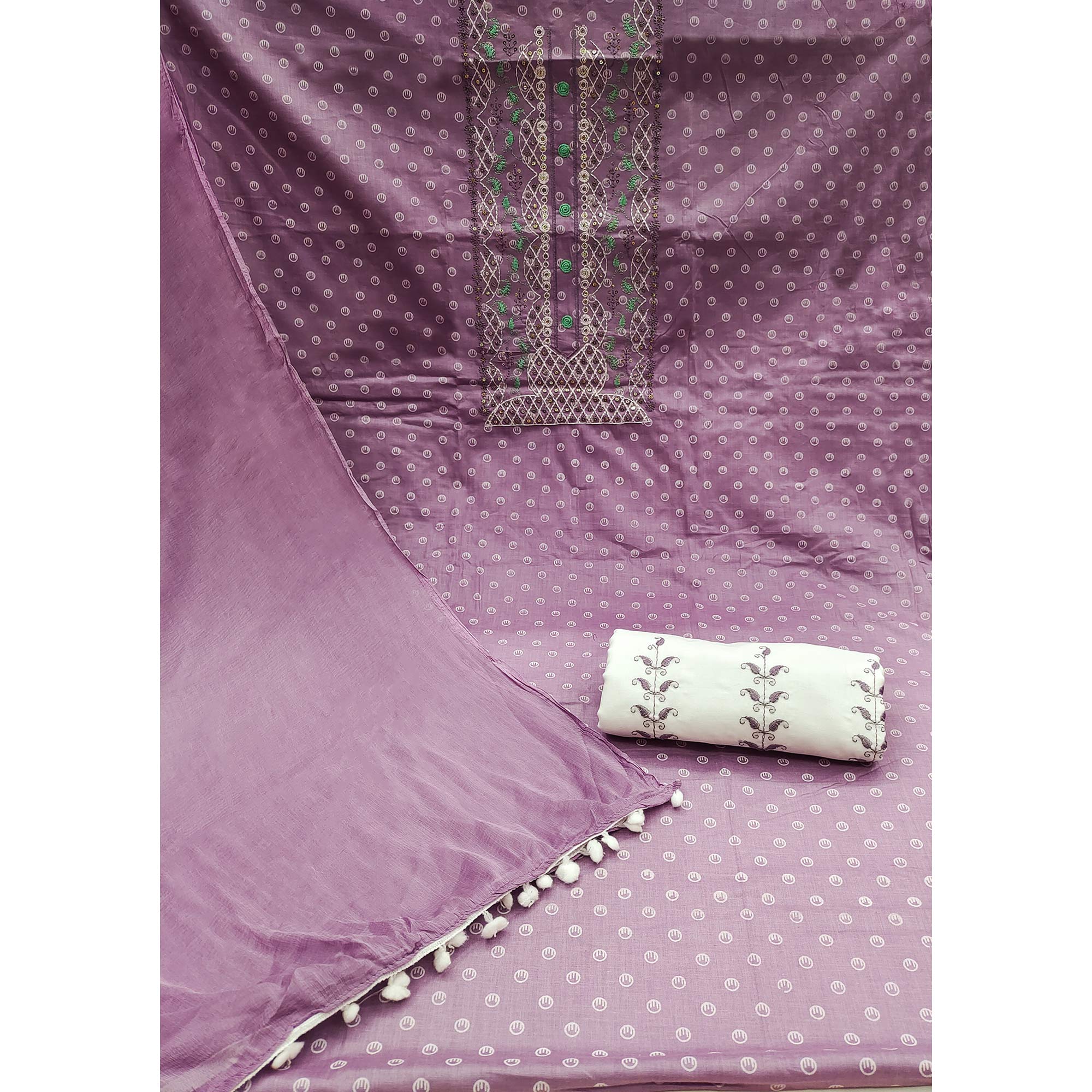 Purple Printed With Yoke Embroidered Pure Cotton Dress Material