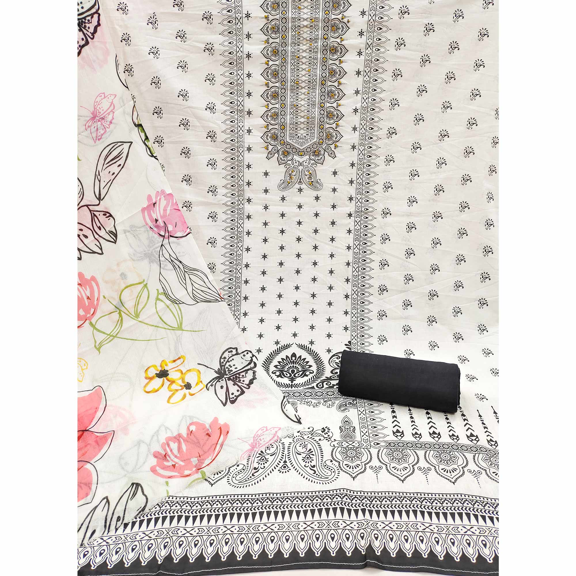 White & Yellow Floral Printed Pure Cotton Dress Material