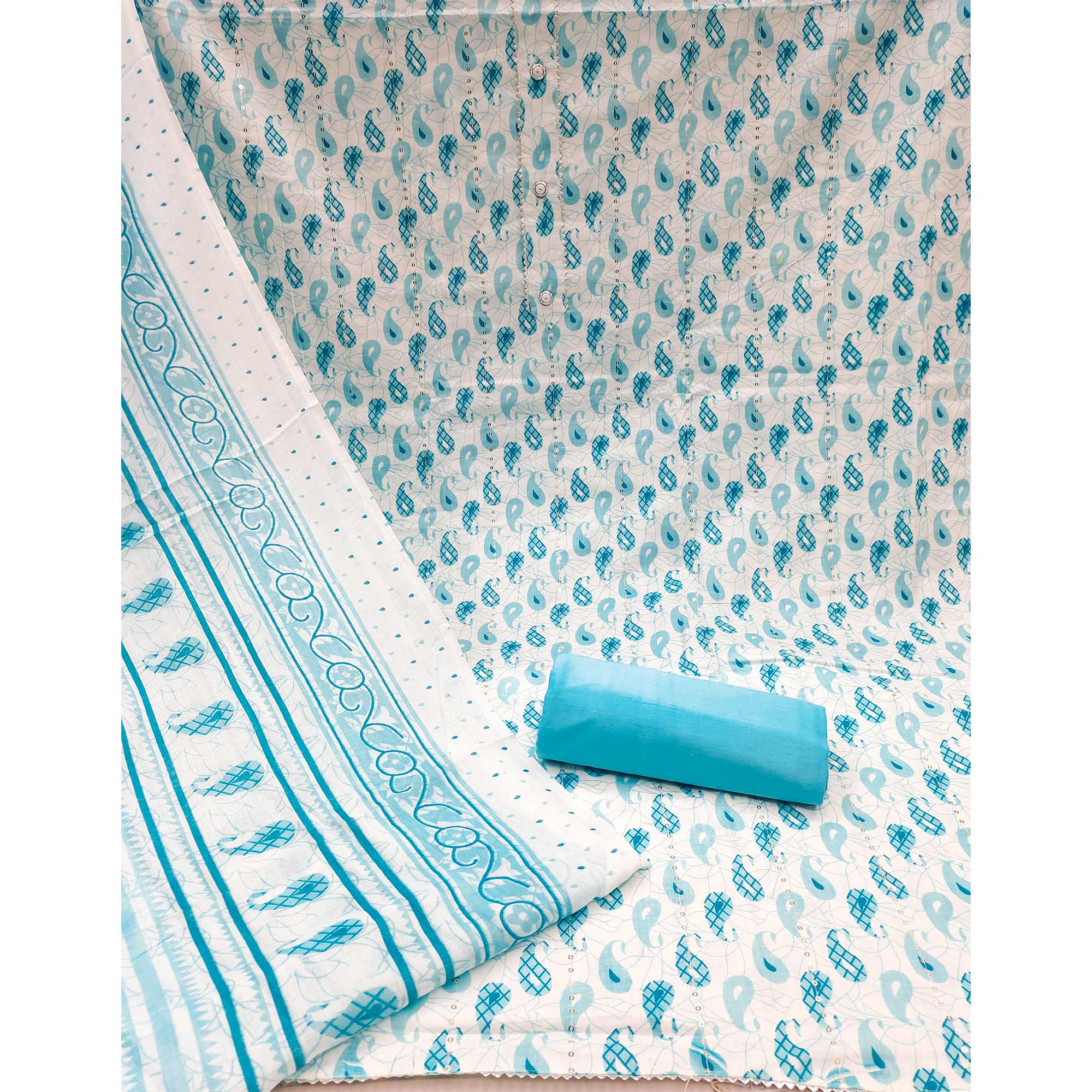 Blue Printed With Sequins Work Pure Cotton Dress Material