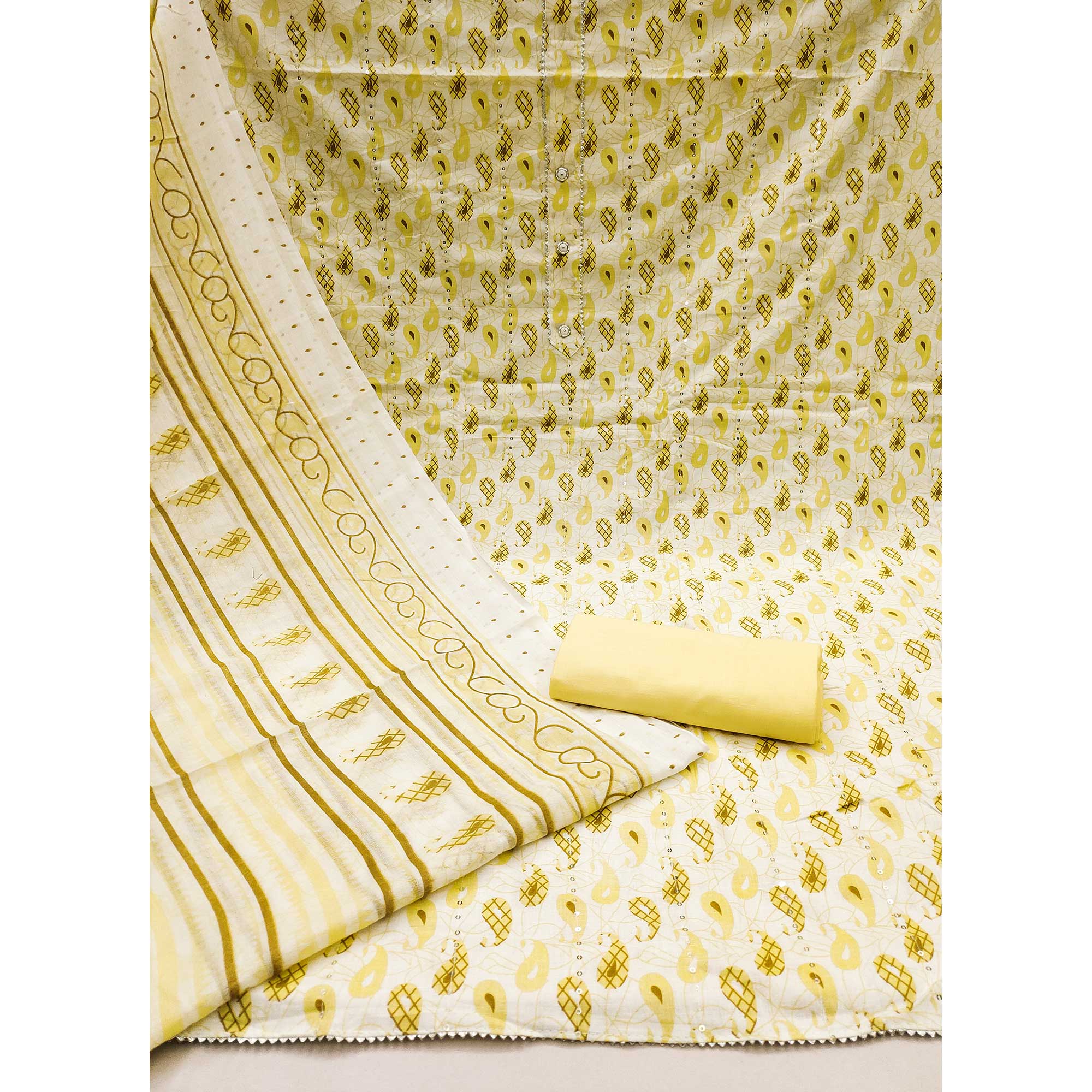 Yellow Printed With Sequins Work Pure Cotton Dress Material