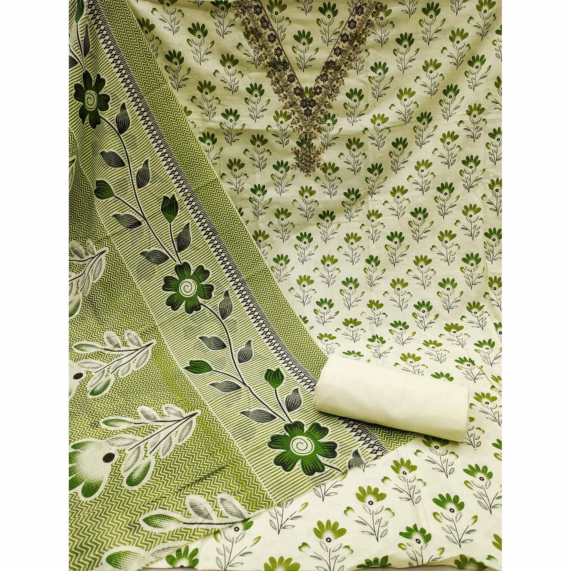 Green Floral Printed Embroidery Work Pure Cotton Dress Material