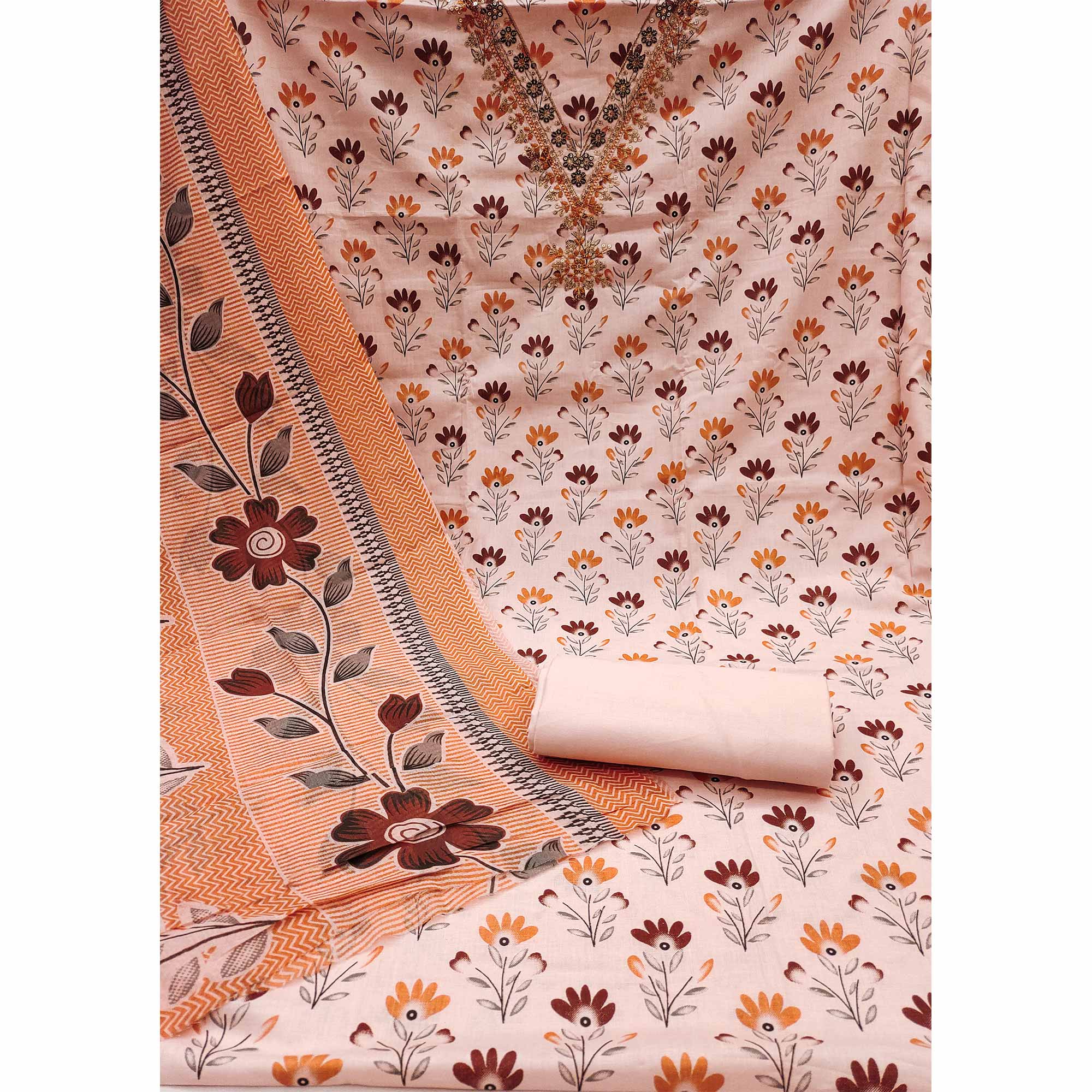 Peach Floral Printed Embroidery Work Pure Cotton Dress Material