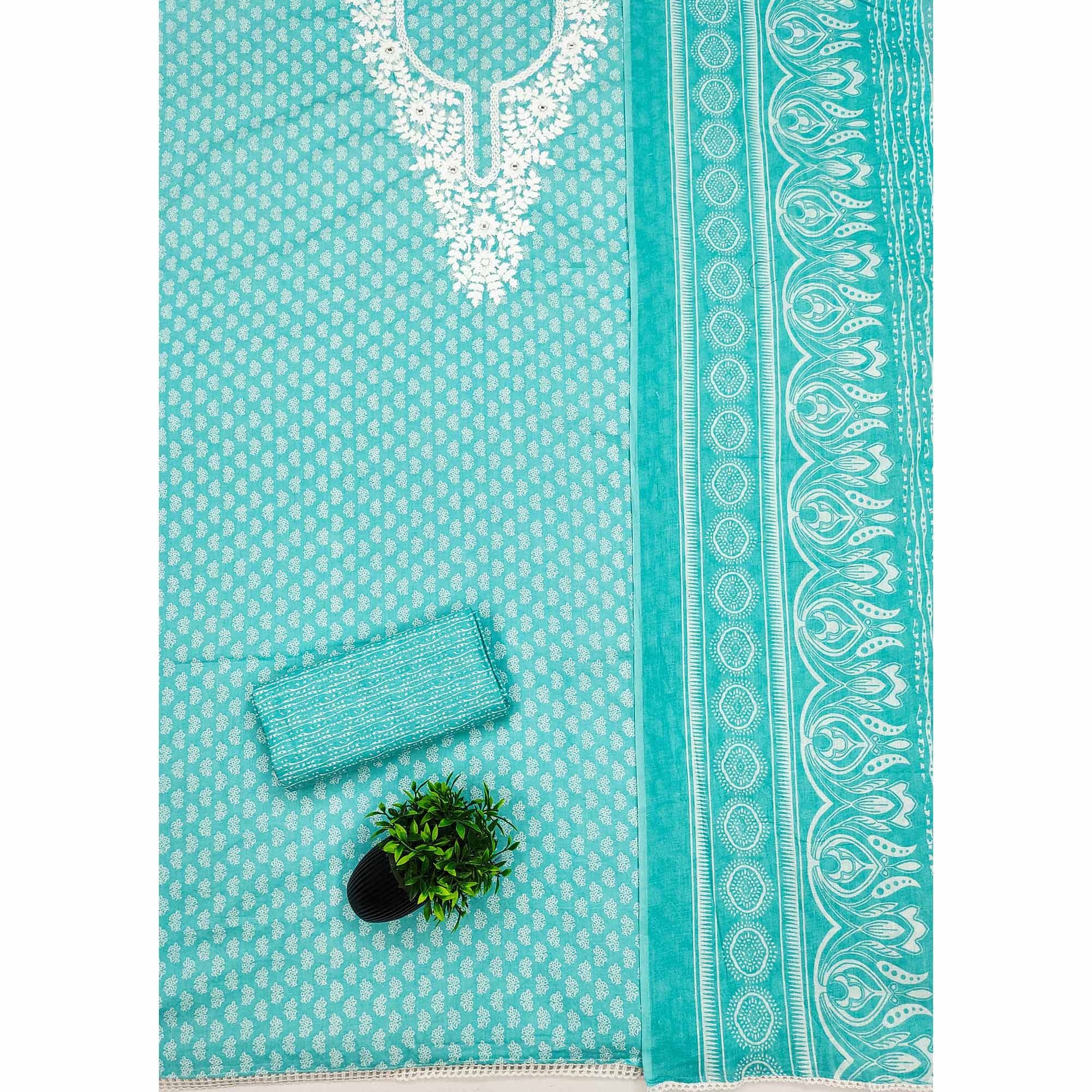 Aqua Green Pure Cotton Dress Material with Artistic Neck Embroidery and Subtle Printed Motifs