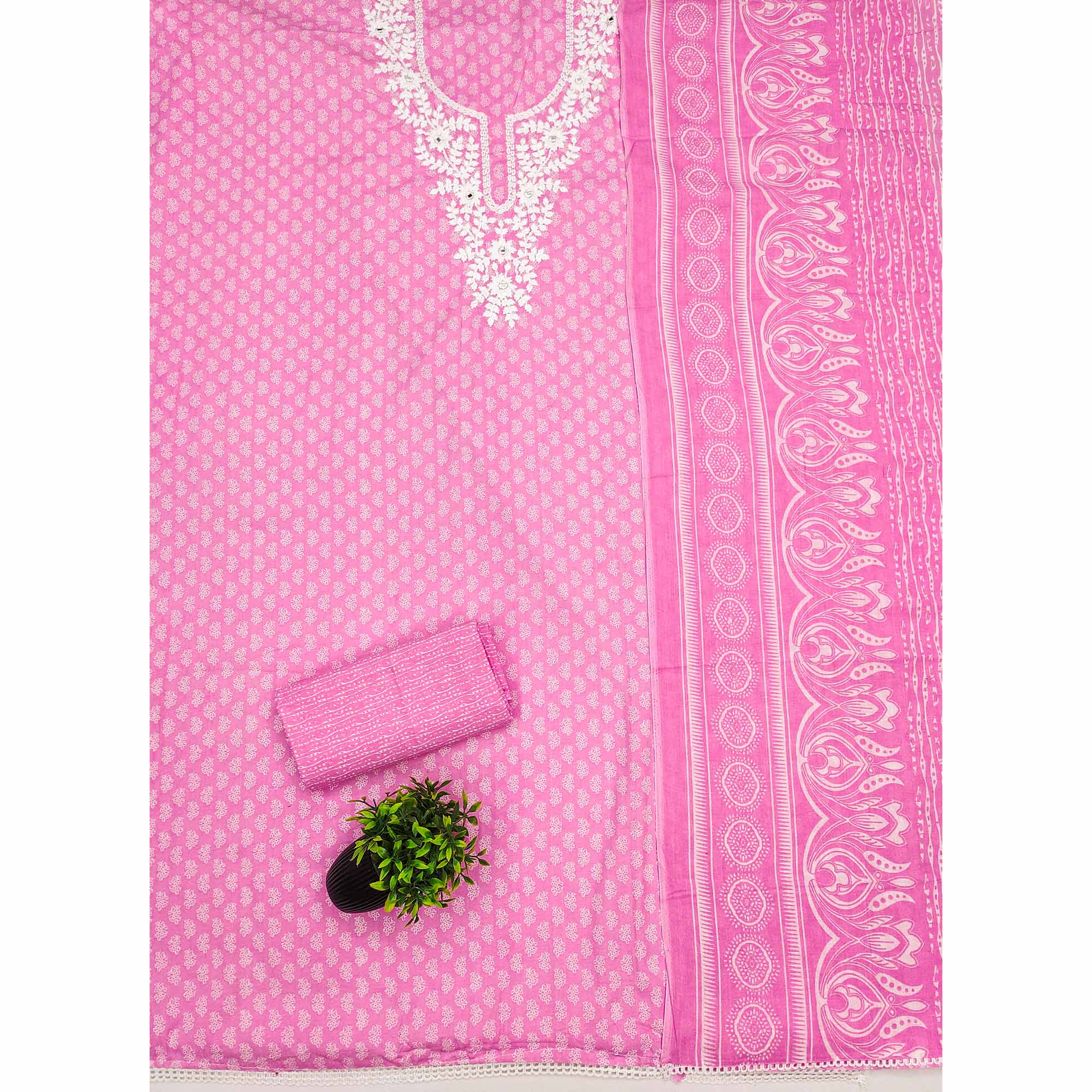 Pink Pure Cotton Dress Material with Artistic Neck Embroidery and Subtle Printed Motifs