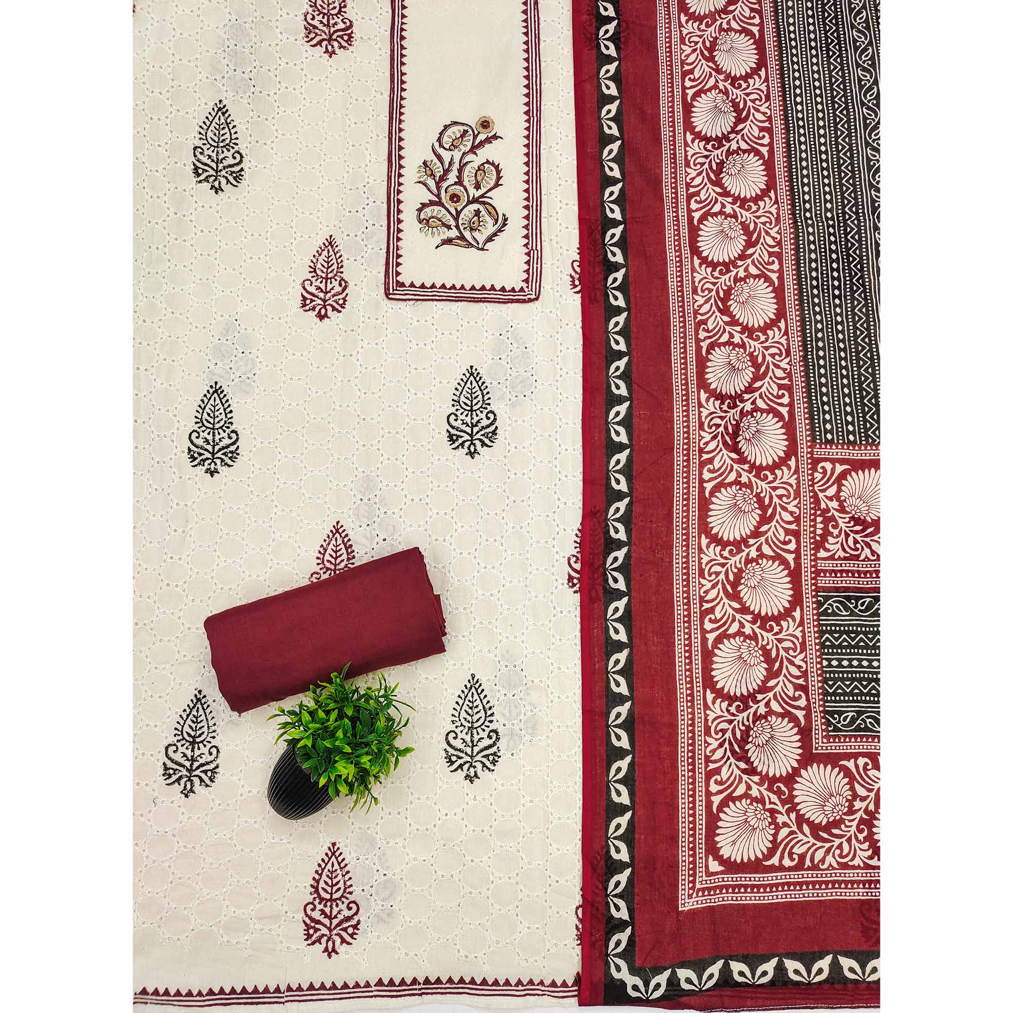 Off White & Maroon Dress Material in Pure Cotton with Schiffli Detailing and Handblock Motifs