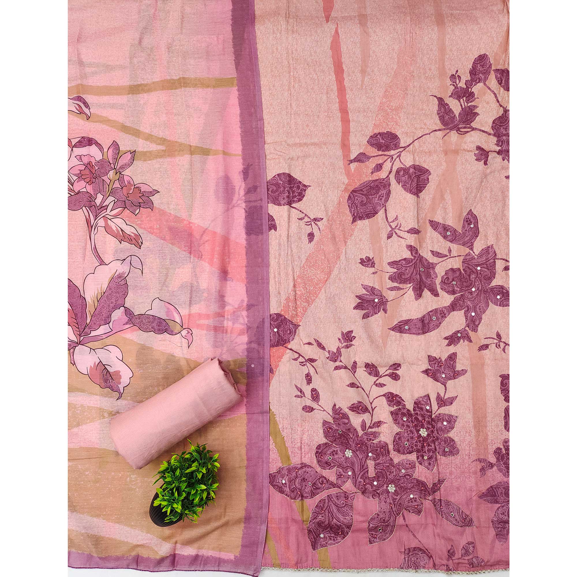 Pink & Peach Floral Print Cotton Fabric with Intricate Beads Work