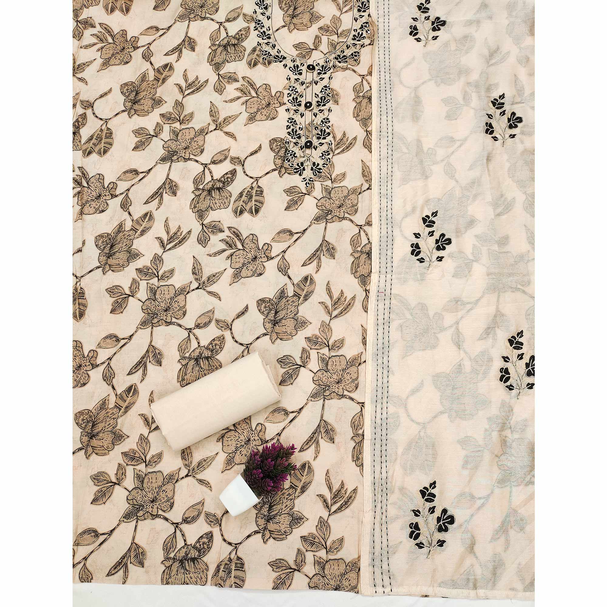 Chic Beige Floral Printed Cotton Blend Dress Material With Intricate Thread & Sequins Embellishment