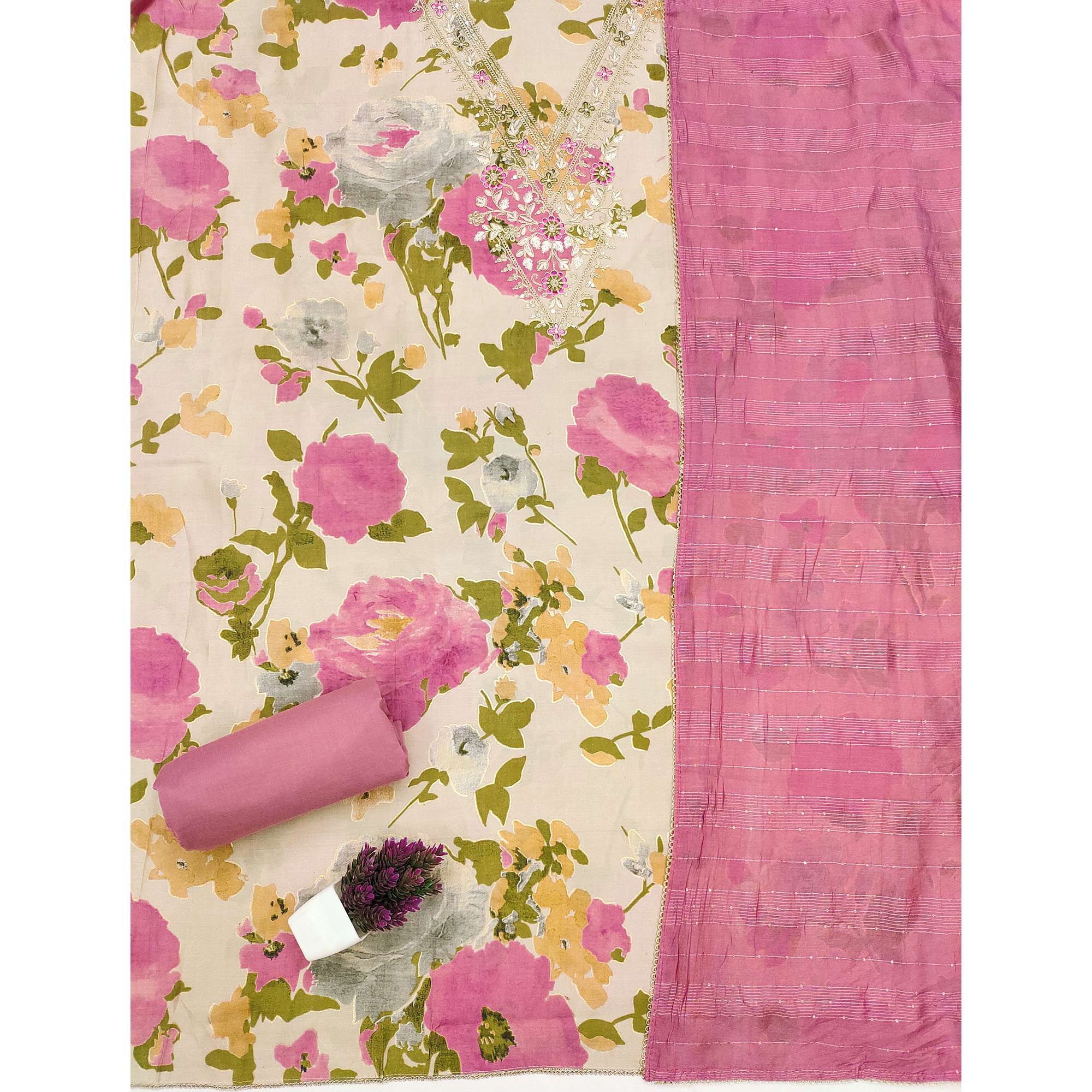 Artistic Beige Floral Print Cotton Blend Dress Material Accented With Cording Embroidery & Sequins