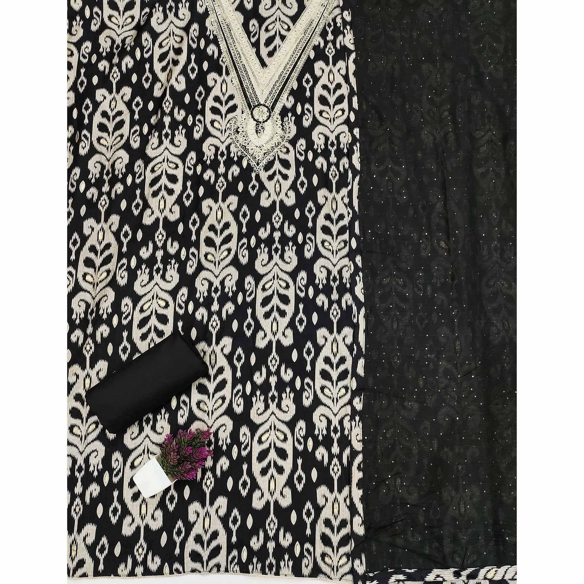 Graceful Black Ikkat Cotton Blend Dress Material Showcasing Cording Embroidery & Sequins