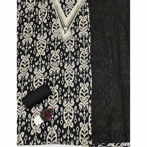 Graceful Black Ikkat Cotton Blend Dress Material Showcasing Cording Embroidery & Sequins