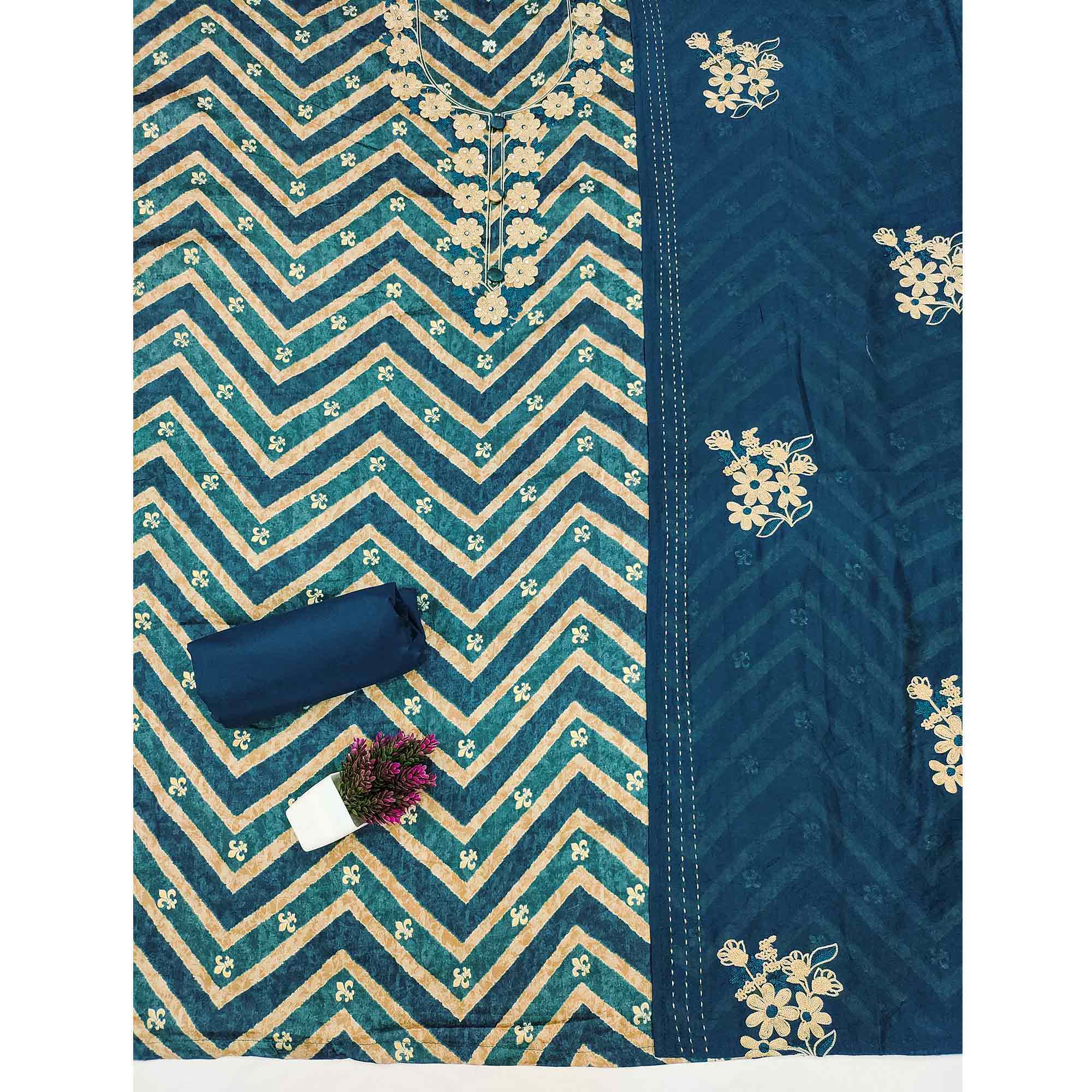 Artistic Blue Zig Zag Print Cotton Blend Dress Material Accented With Floral Embroidery & Sequins