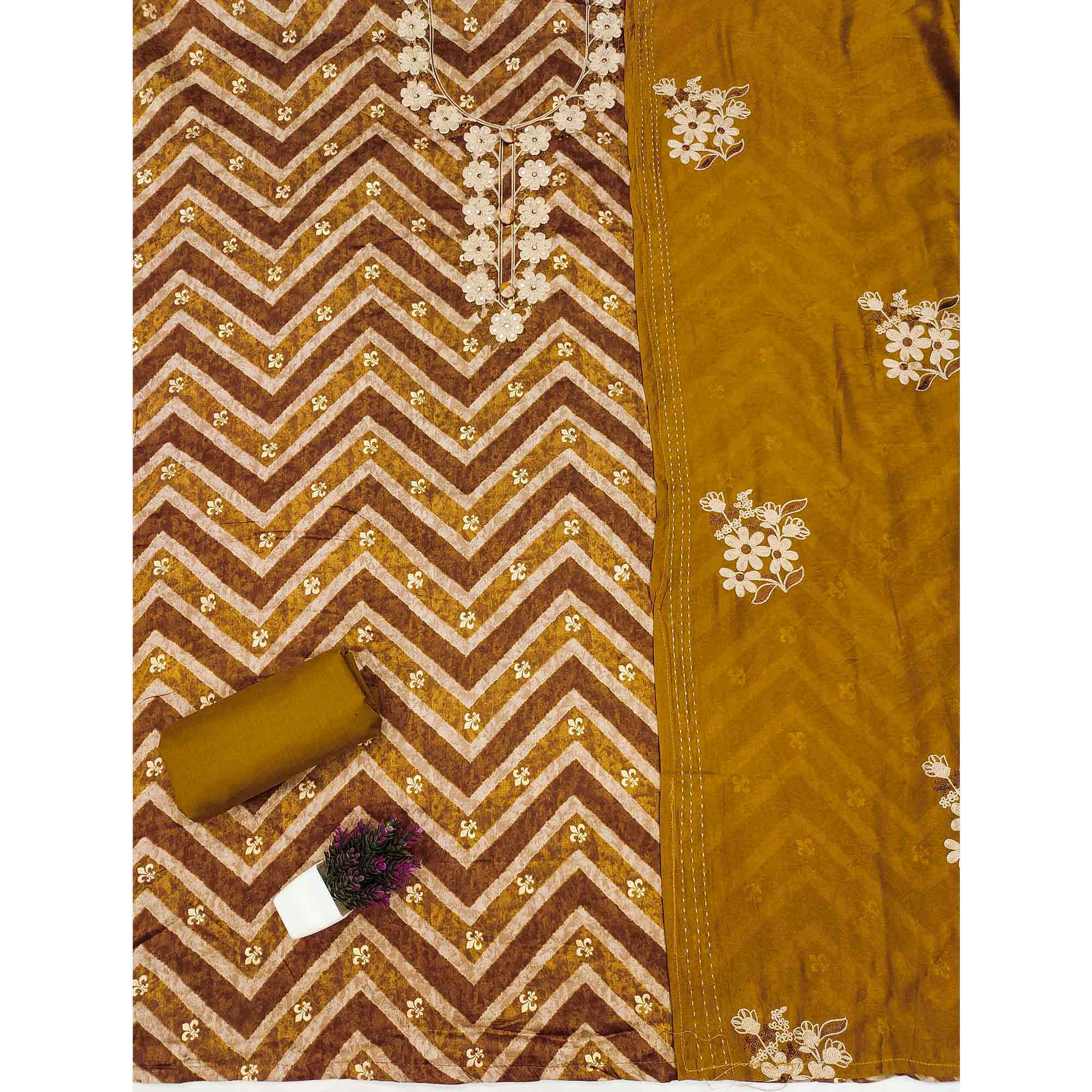 Artistic Mustard Zig Zag Print Cotton Blend Dress Material Accented With Floral Embroidery & Sequins