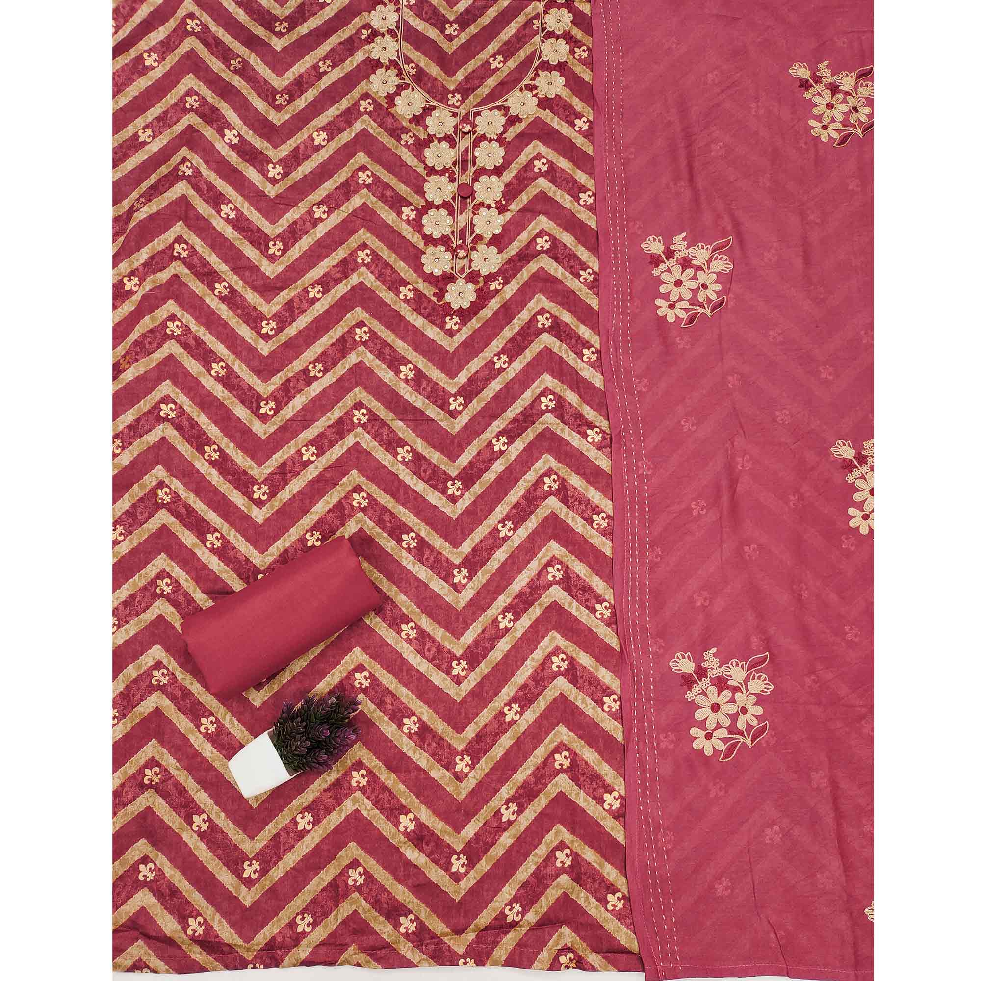 Artistic Pink Zig Zag Print Cotton Blend Dress Material Accented With Floral Embroidery & Sequins