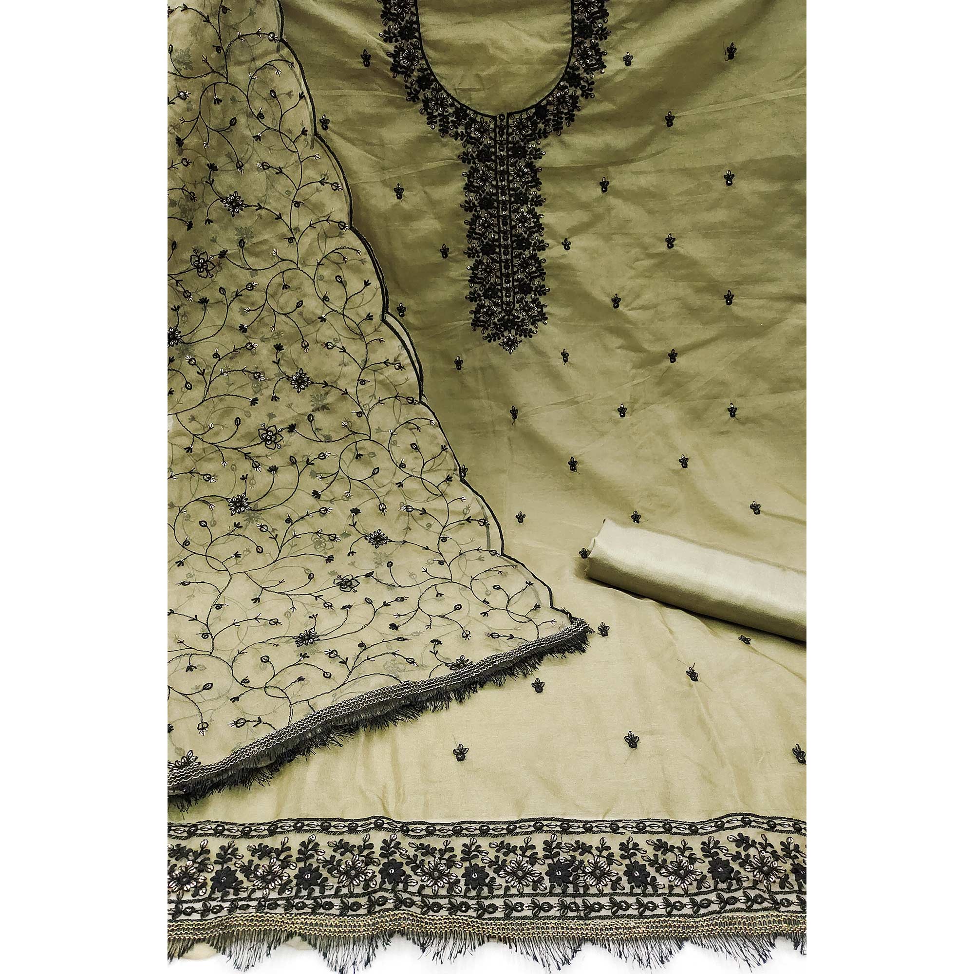 Green Floral Embroidered Organza Dress Material