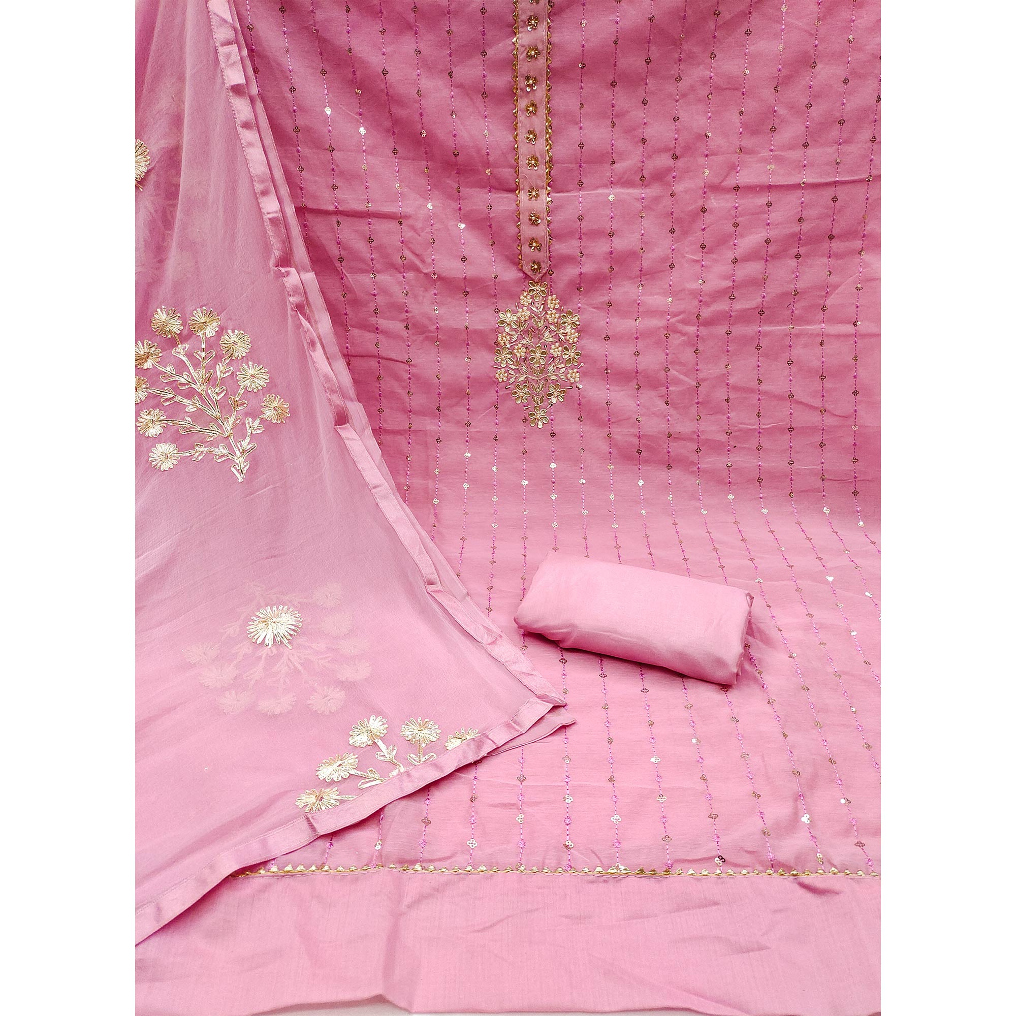 Pink Floral Embroidered Chanderi Dress Material