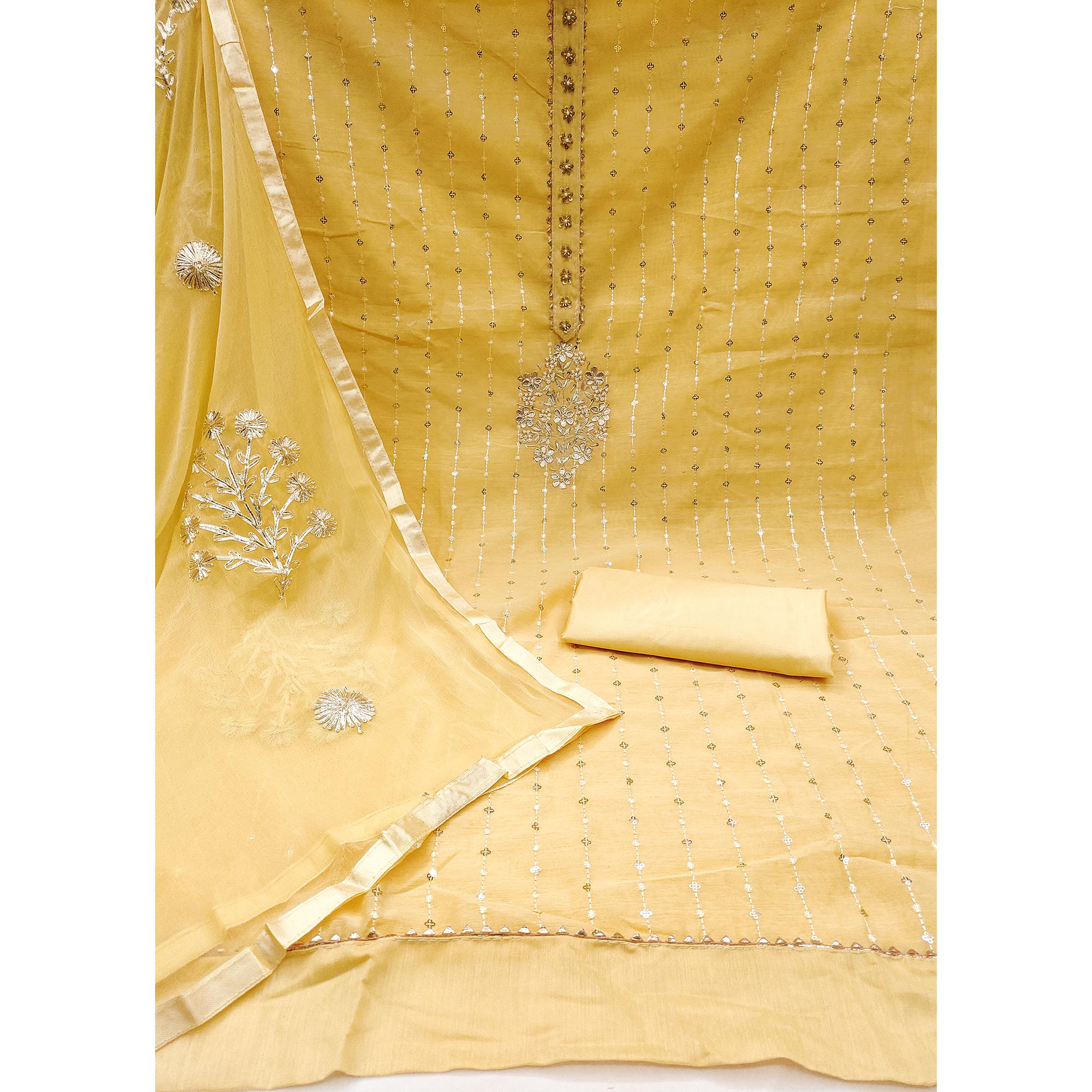 Yellow Floral Embroidered Chanderi Dress Material
