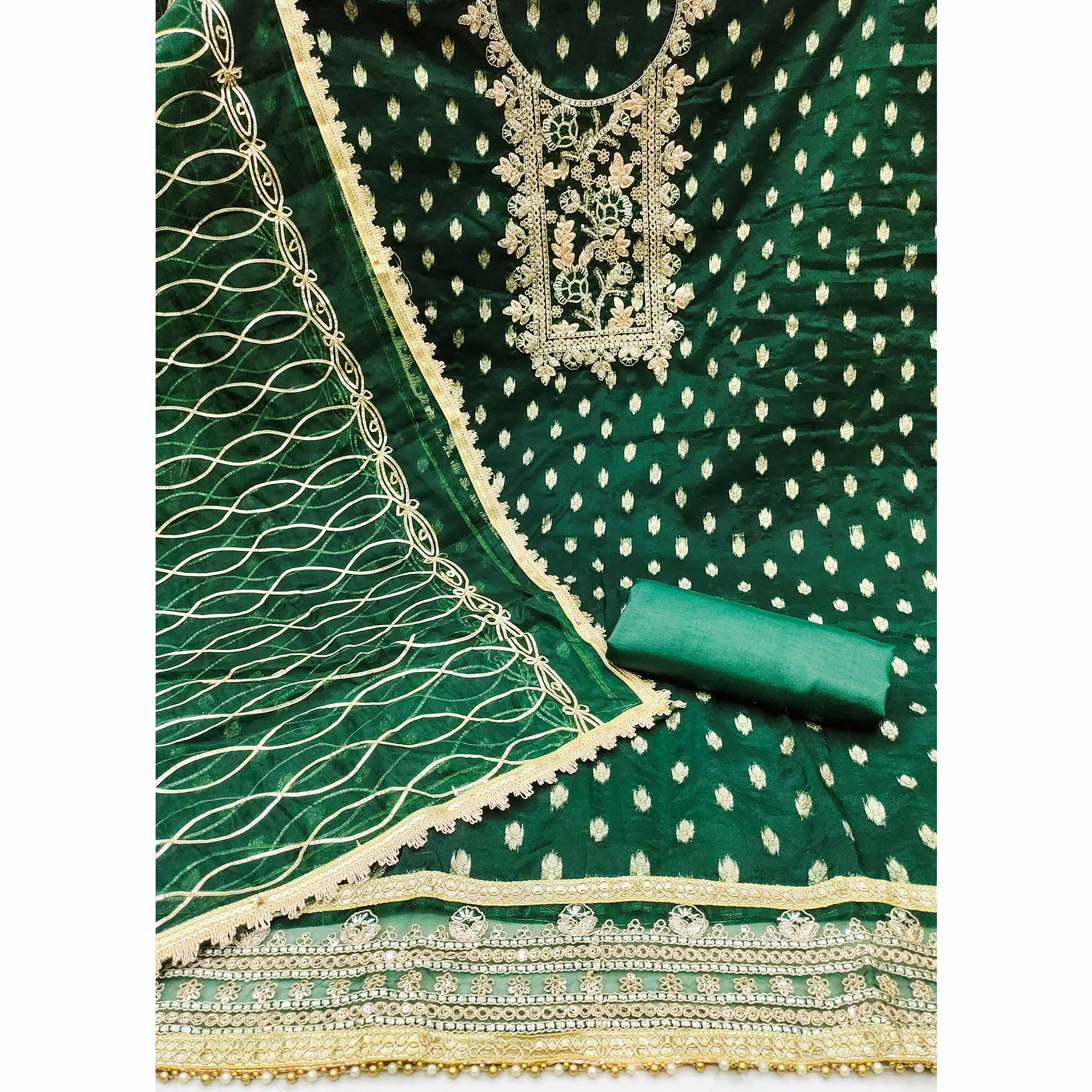 Green Floral Woven Organza Dress Material