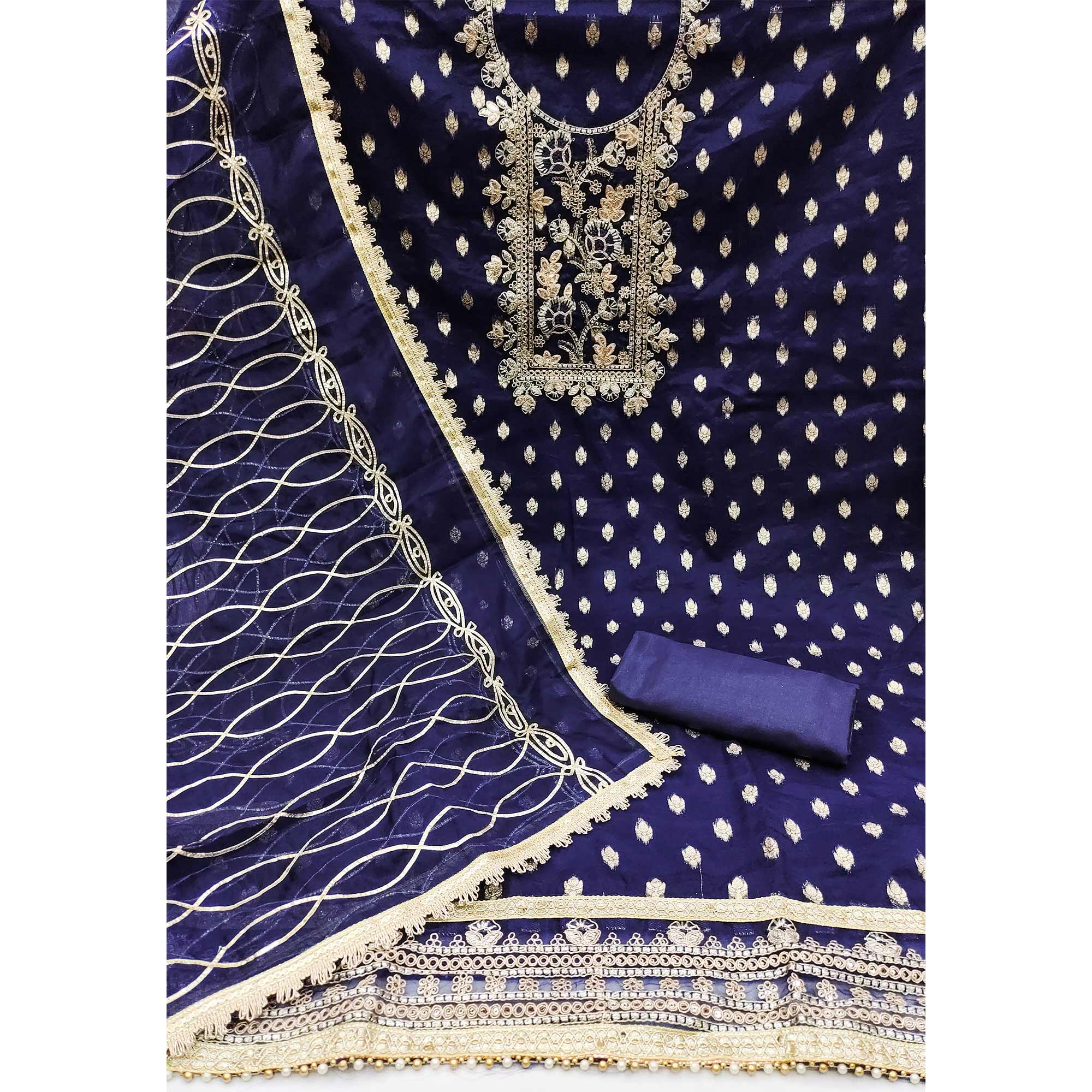 Navy Blue Floral Woven Organza Dress Material