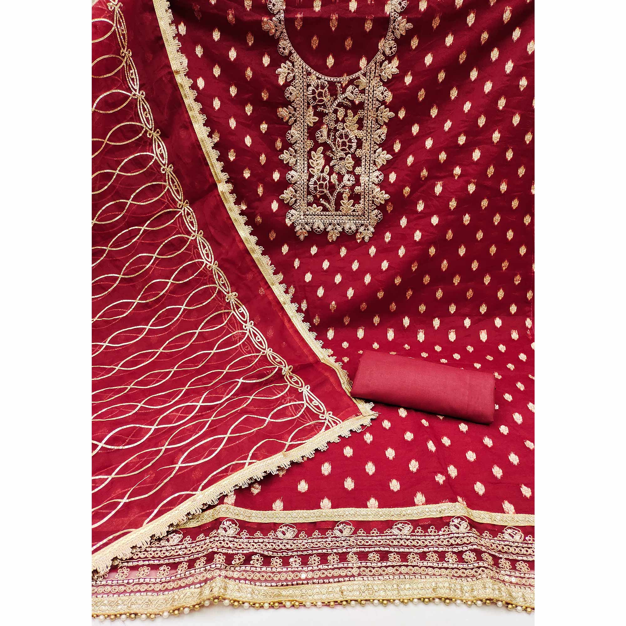 Red Floral Woven Organza Dress Material