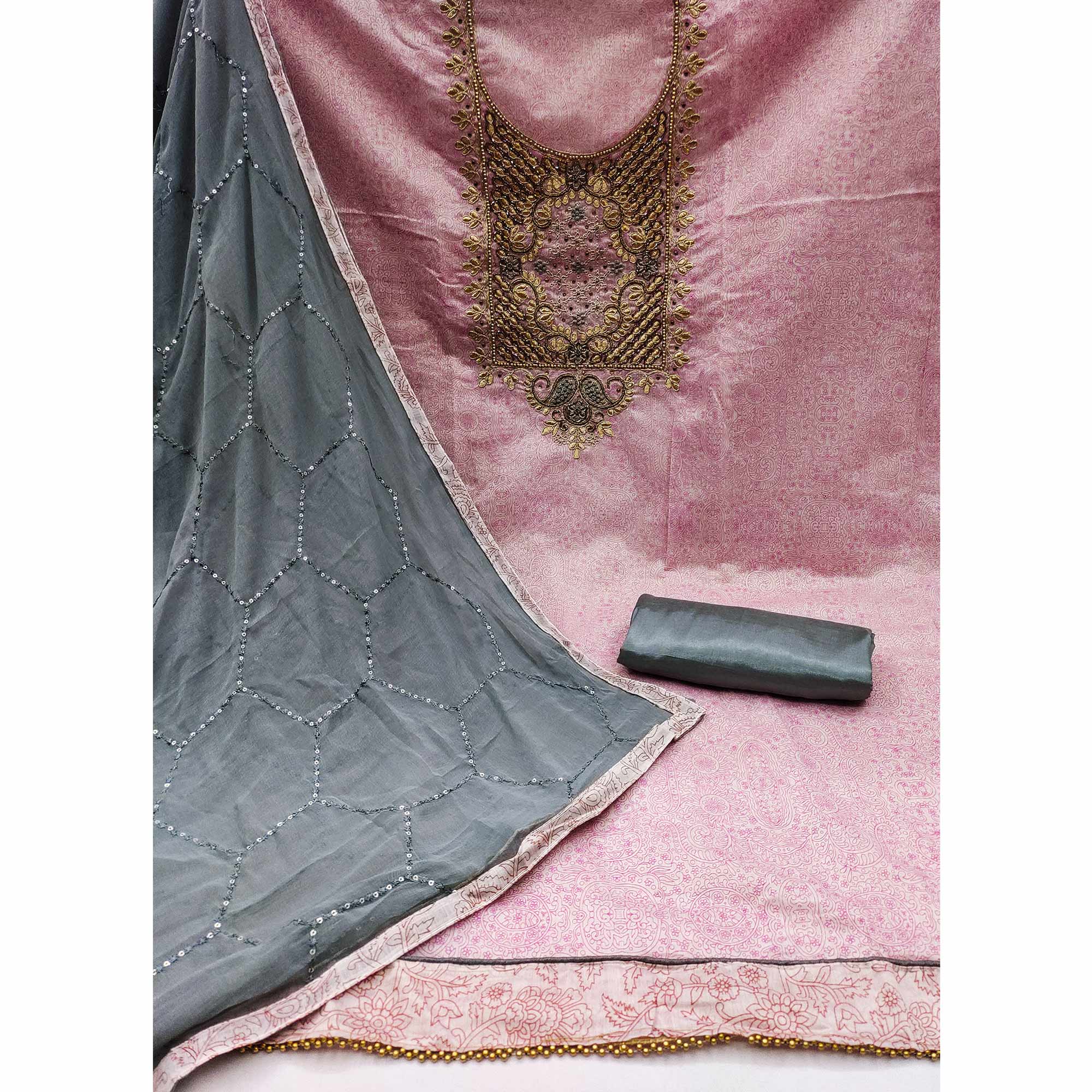 Pink Floral Printed Chanderi Dress Material