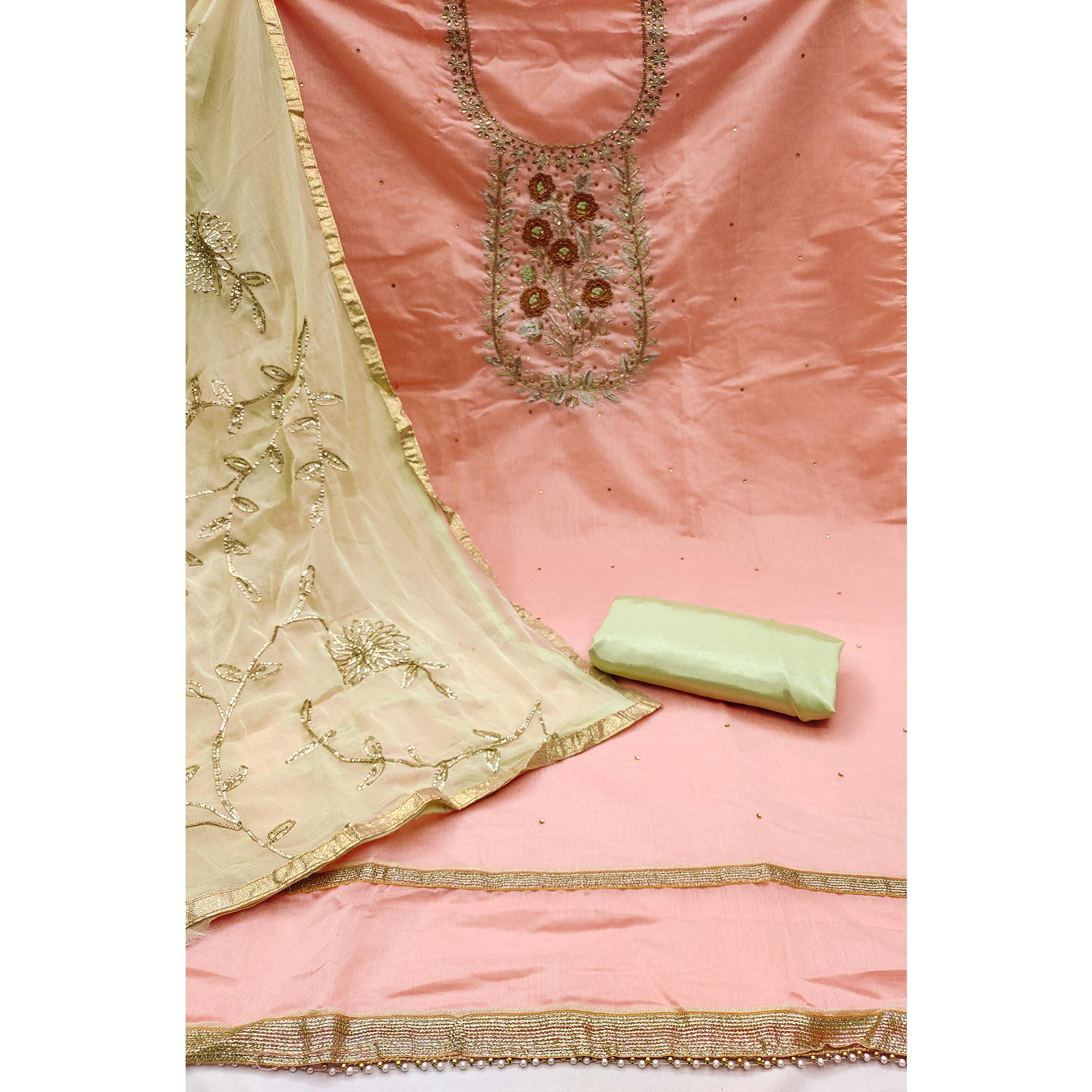 Peach Floral Embroidered Chanderi Dress Material