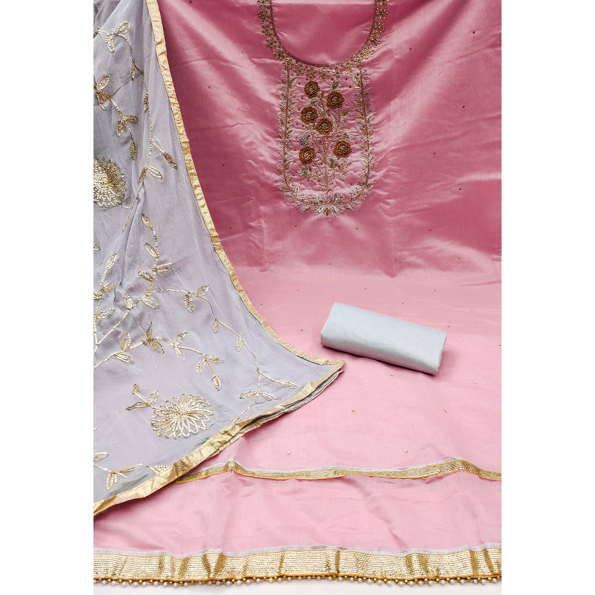 Pink Floral Embroidered Chanderi Dress Material