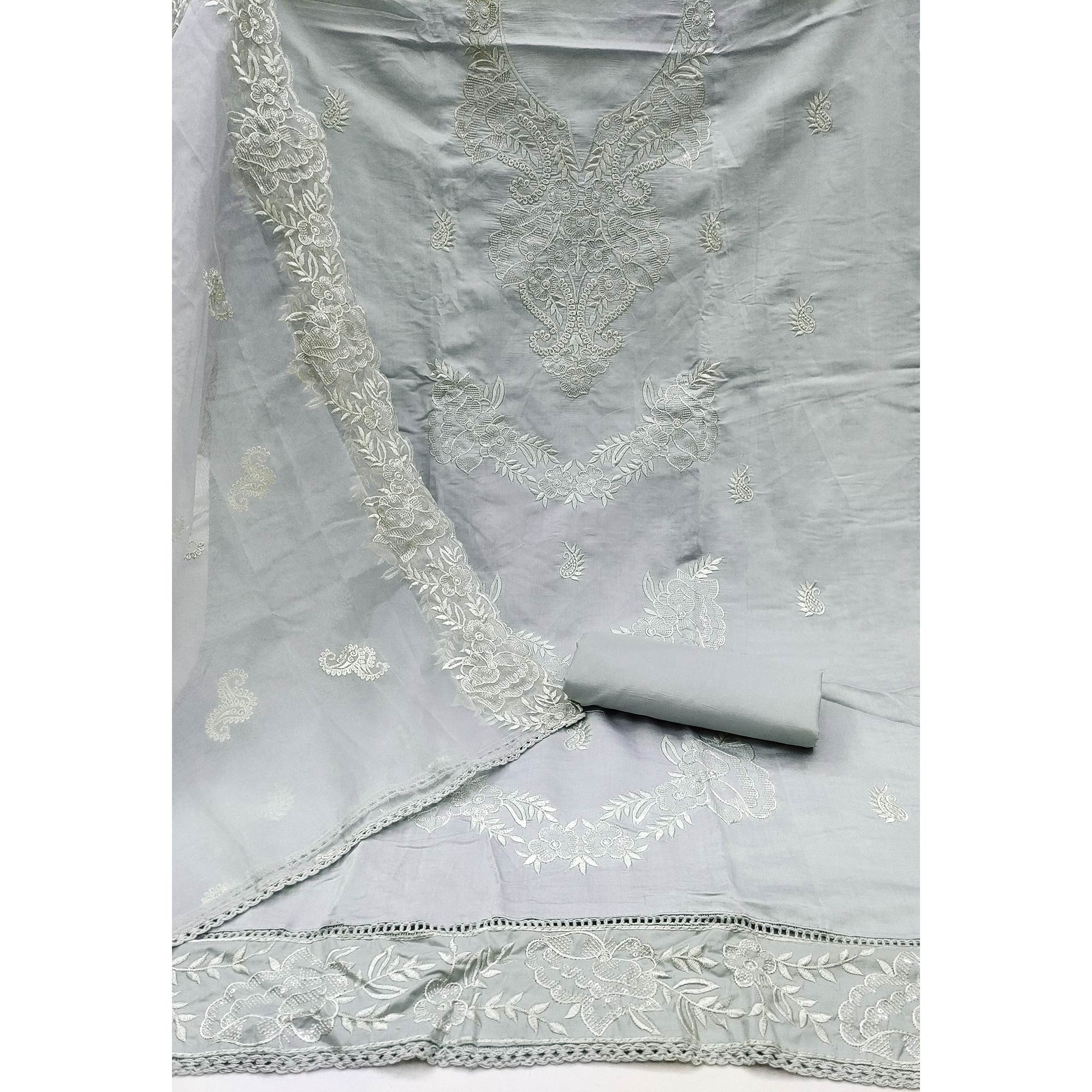 Grey Floral Embroidered Cotton Blend Dress Material