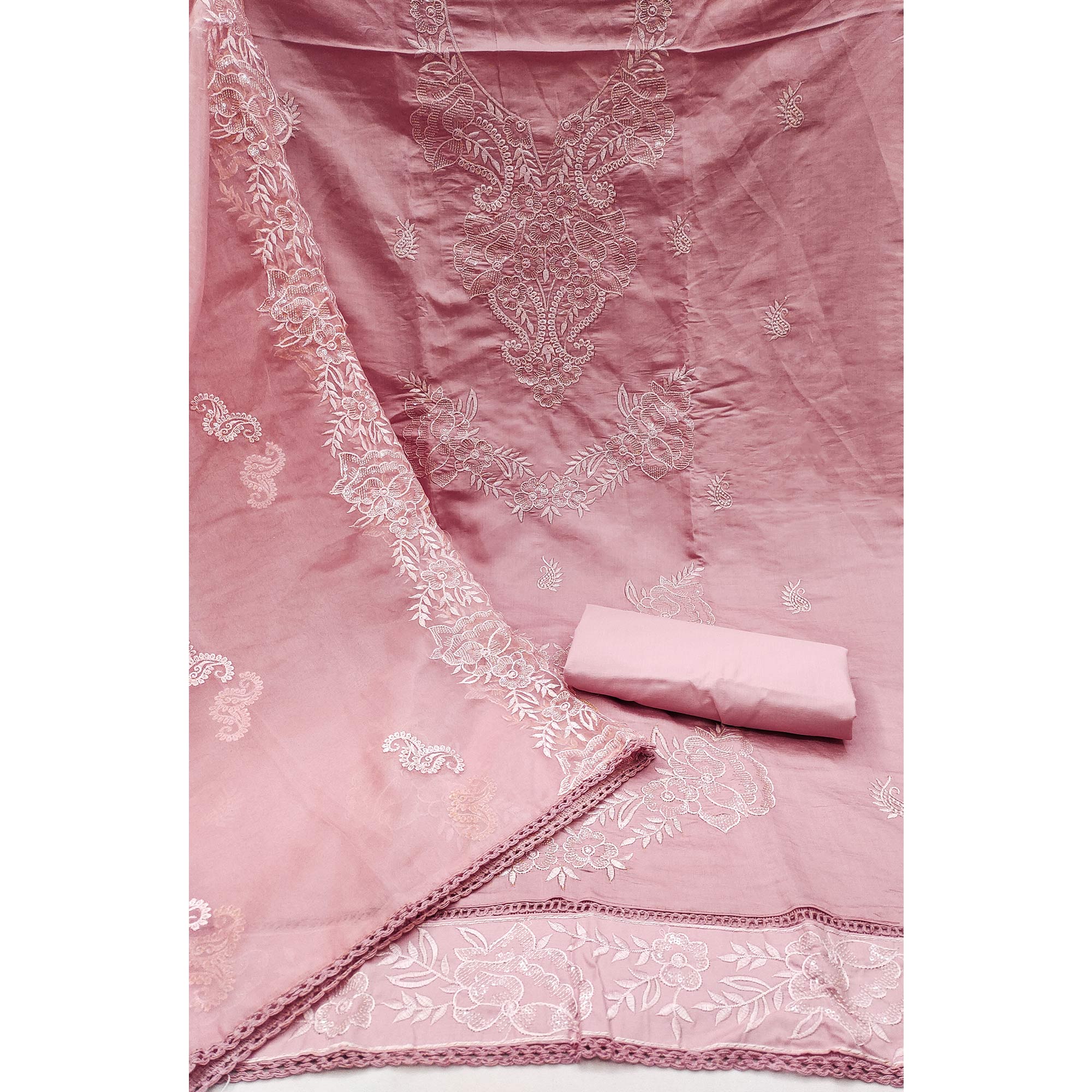 Pink Floral Embroidered Cotton Blend Dress Material