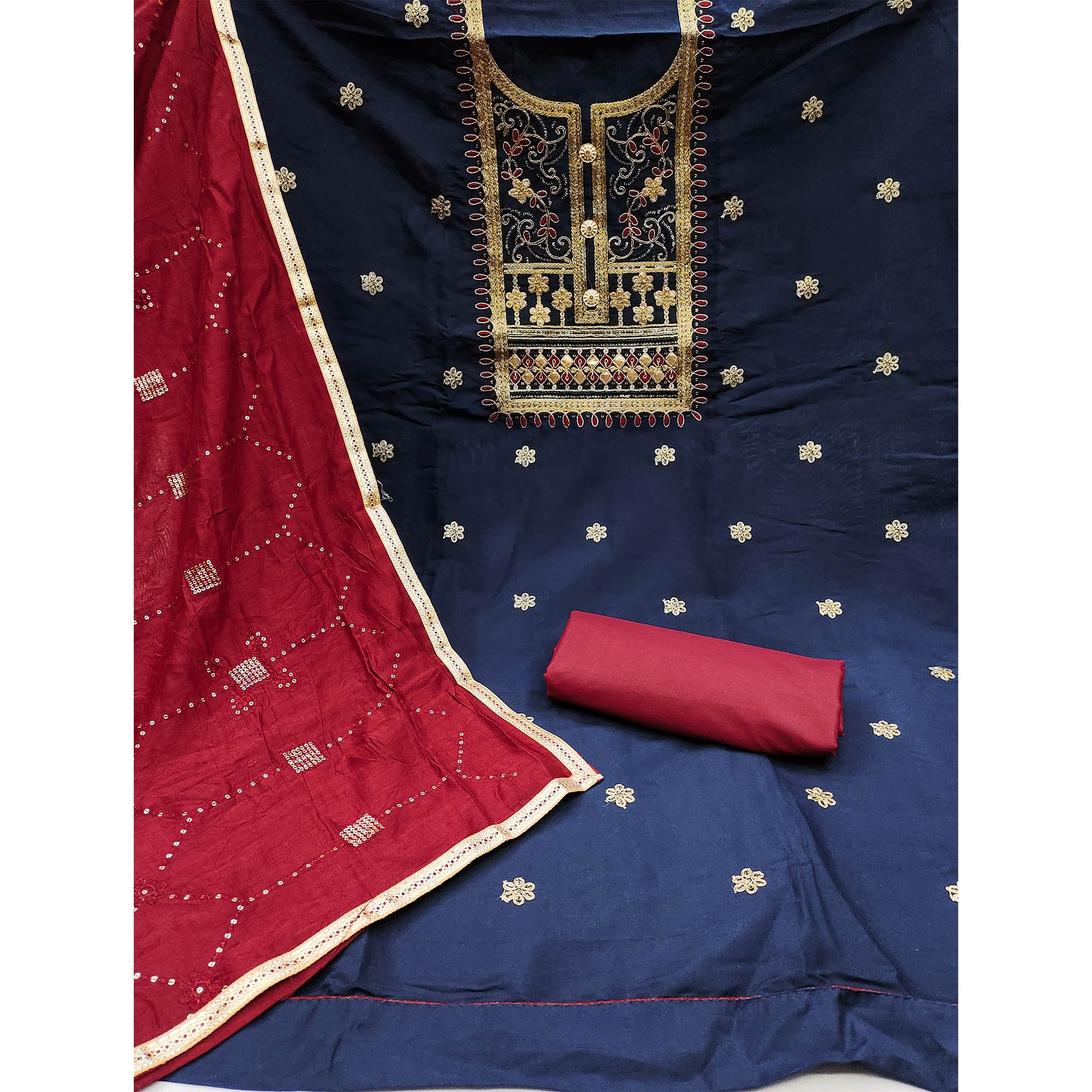 Blue Floral Embroidered Cotton Silk Dress Material