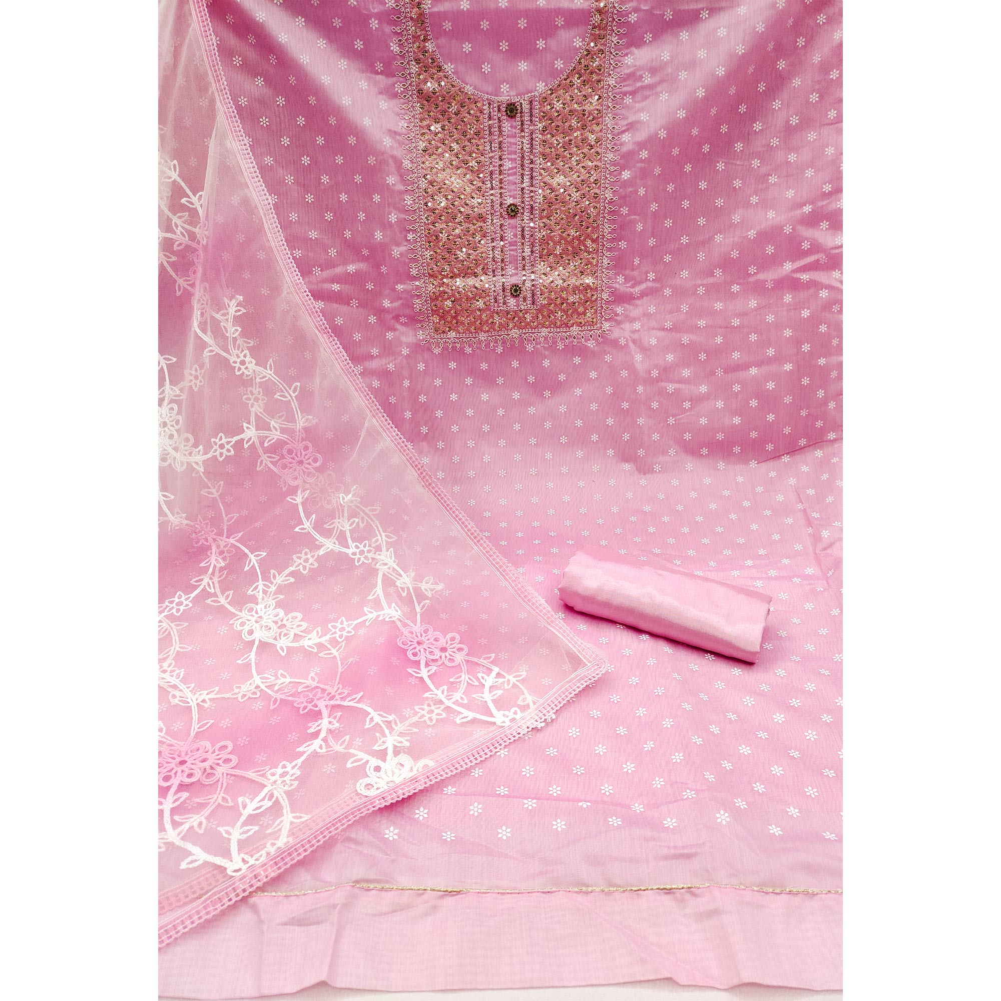 Pink Printed With Embroidered Chanderi Dress Material