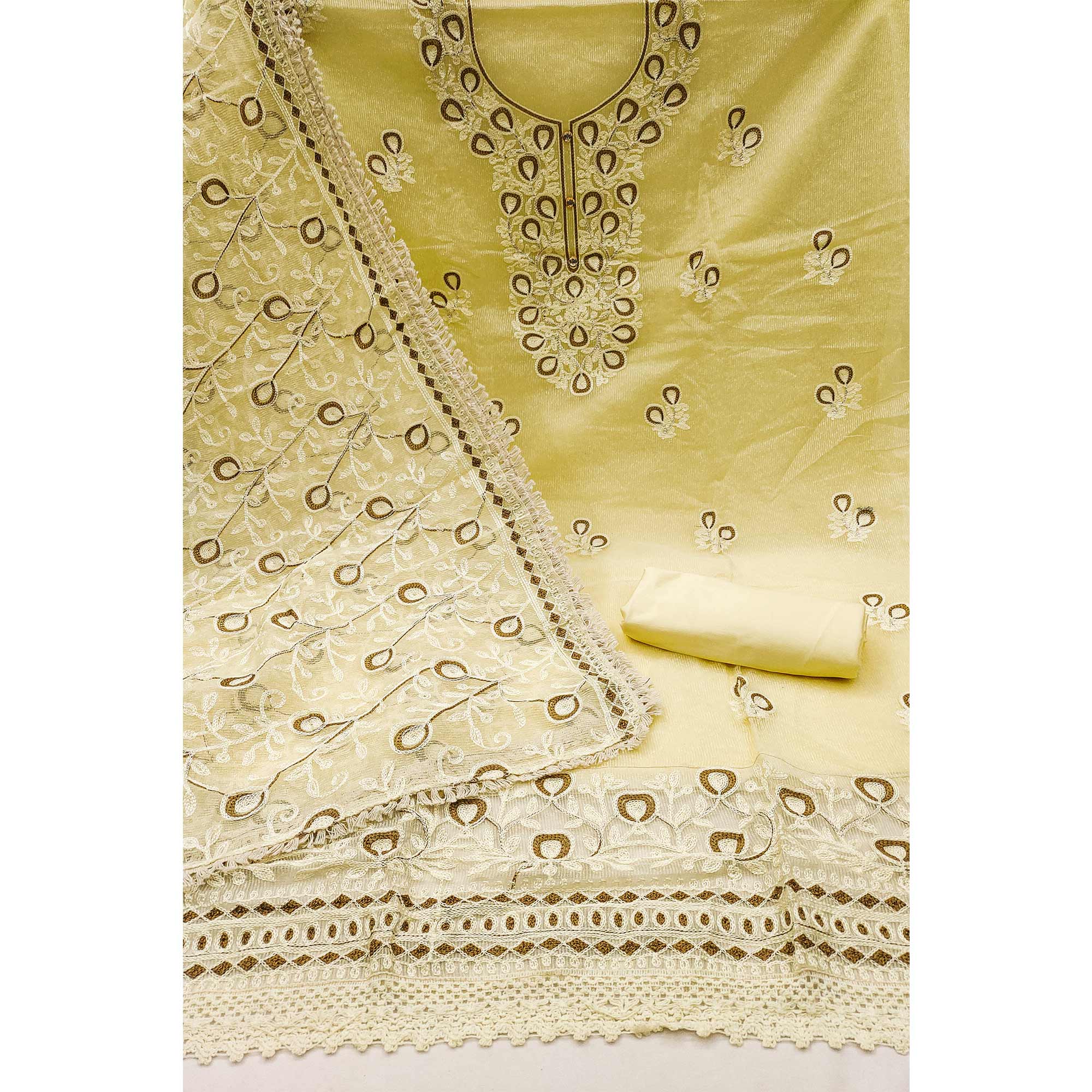 Yellow Embroidered Kota Doria Dress Material