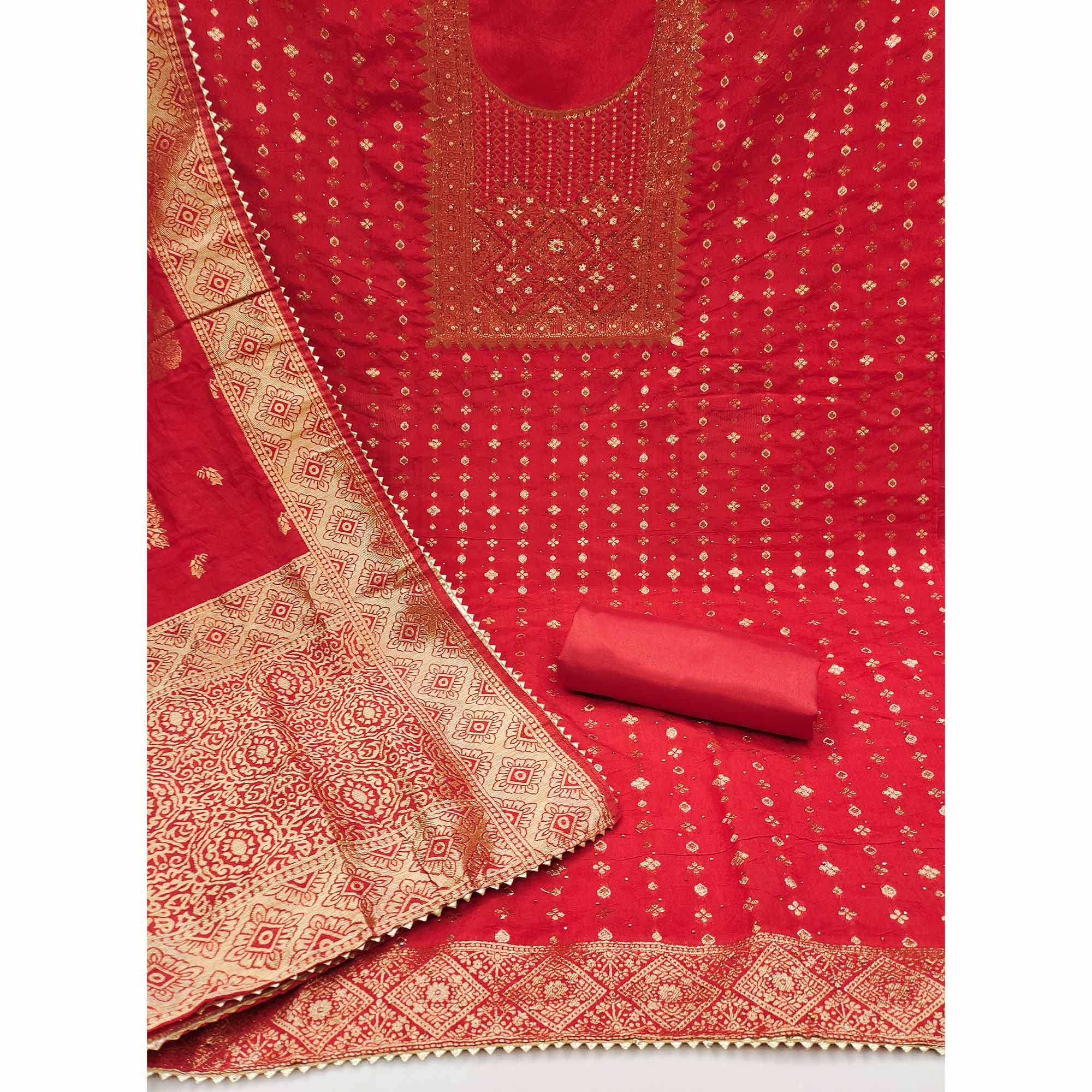 Red Woven Cotton Silk Dress Material