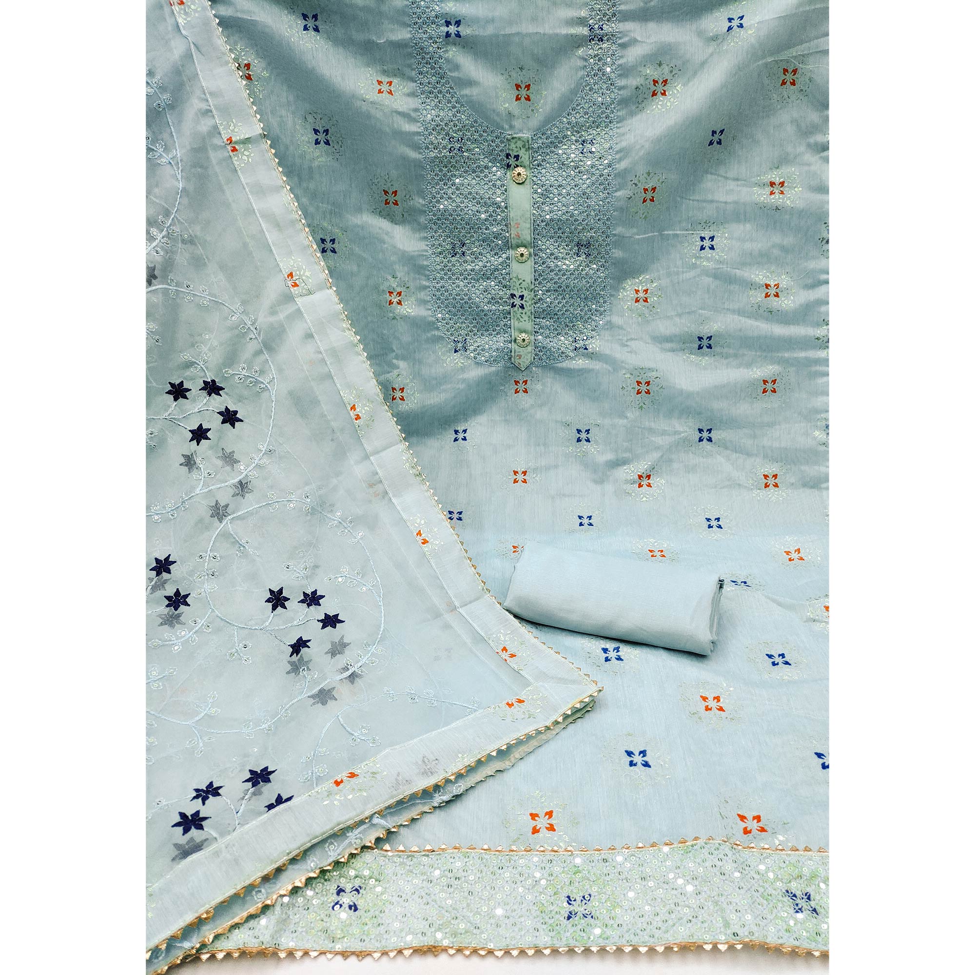 Light Blue Floral Foil Printed Chanderi Dress Material