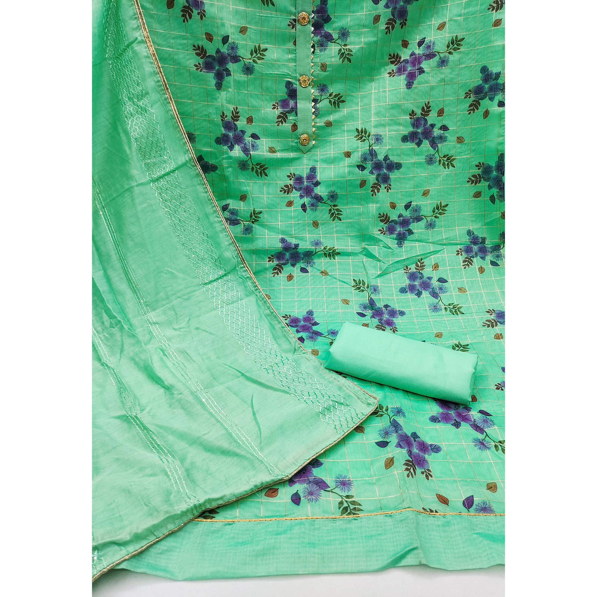 Green Floral Printed Chanderi Dress Material